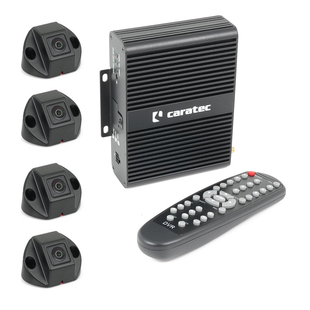 Fünf kompakte schwarze Rückfahrkameras links, eine schwarze Caratec DVR-Einheit rechts und eine Fernbedienung