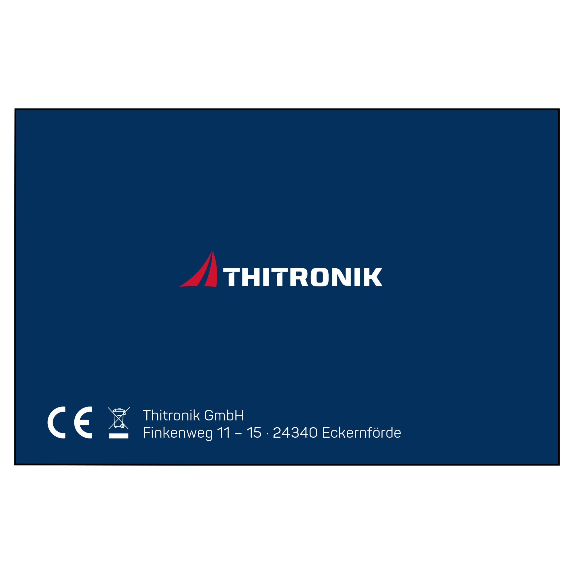 Dunkelblauer Hintergrund mit dem weißen THITRONIK-Logo und rotem Segel-Symbol, darunter CE-Zeichen und Firmenadresse Eckernförde