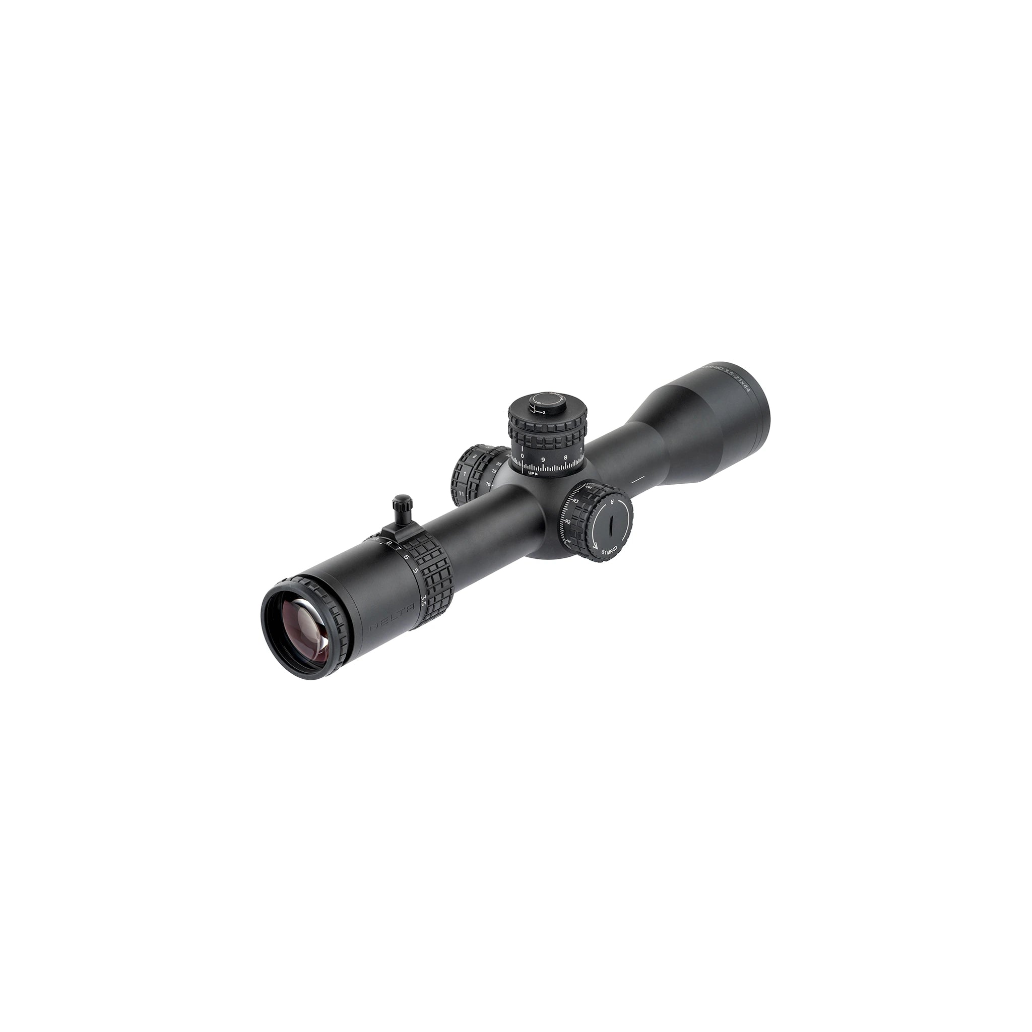 Delta Optical Stryker HD 3,5–21×44 mit offenem Seitenturm – offene MRAD-Seitenverstellung, Ansicht von der Okularseite