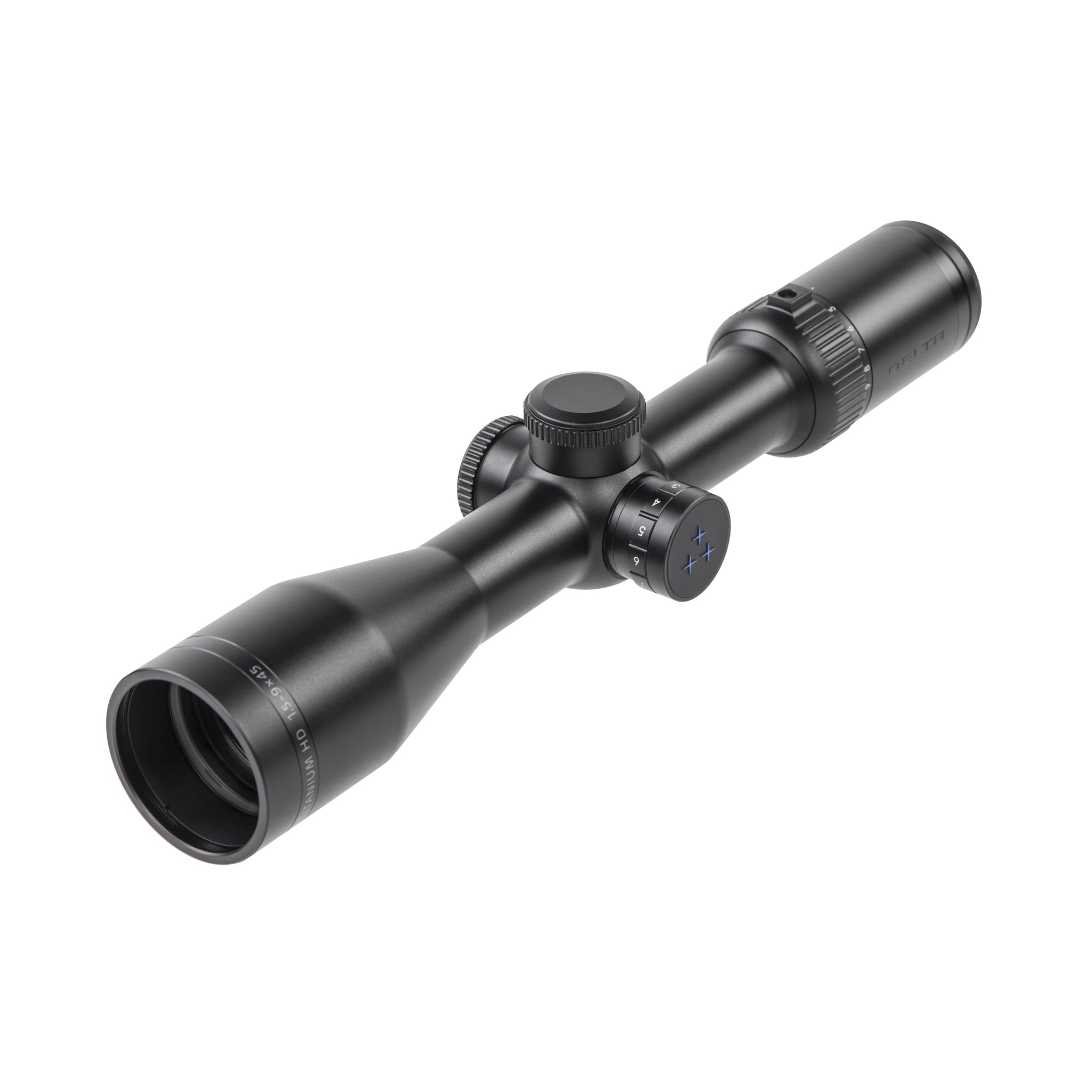 Delta Optical Titanium HD 1,5–9×45 – schräge Produktansicht mit abgedeckten Türmen