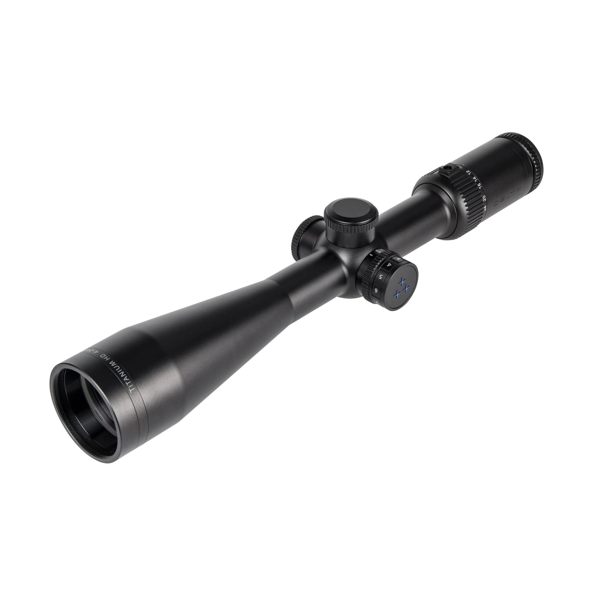 Delta Optical Titanium HD 4–24×50 mit Standardtürmen – schräge Ansicht von vorn