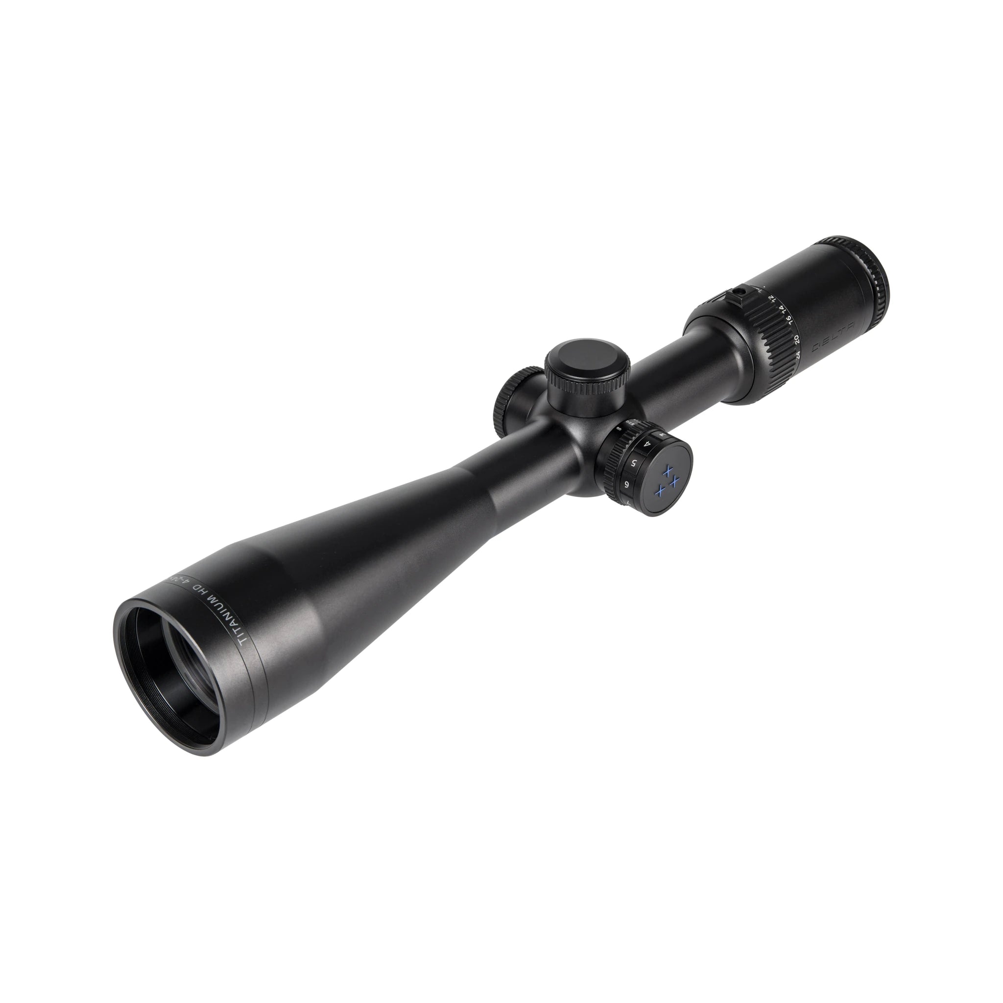 Delta Optical Titanium HD 4–24×50 mit austauschbaren Türmen – schräge Produktansicht mit aufgesetzten Schutzkappen