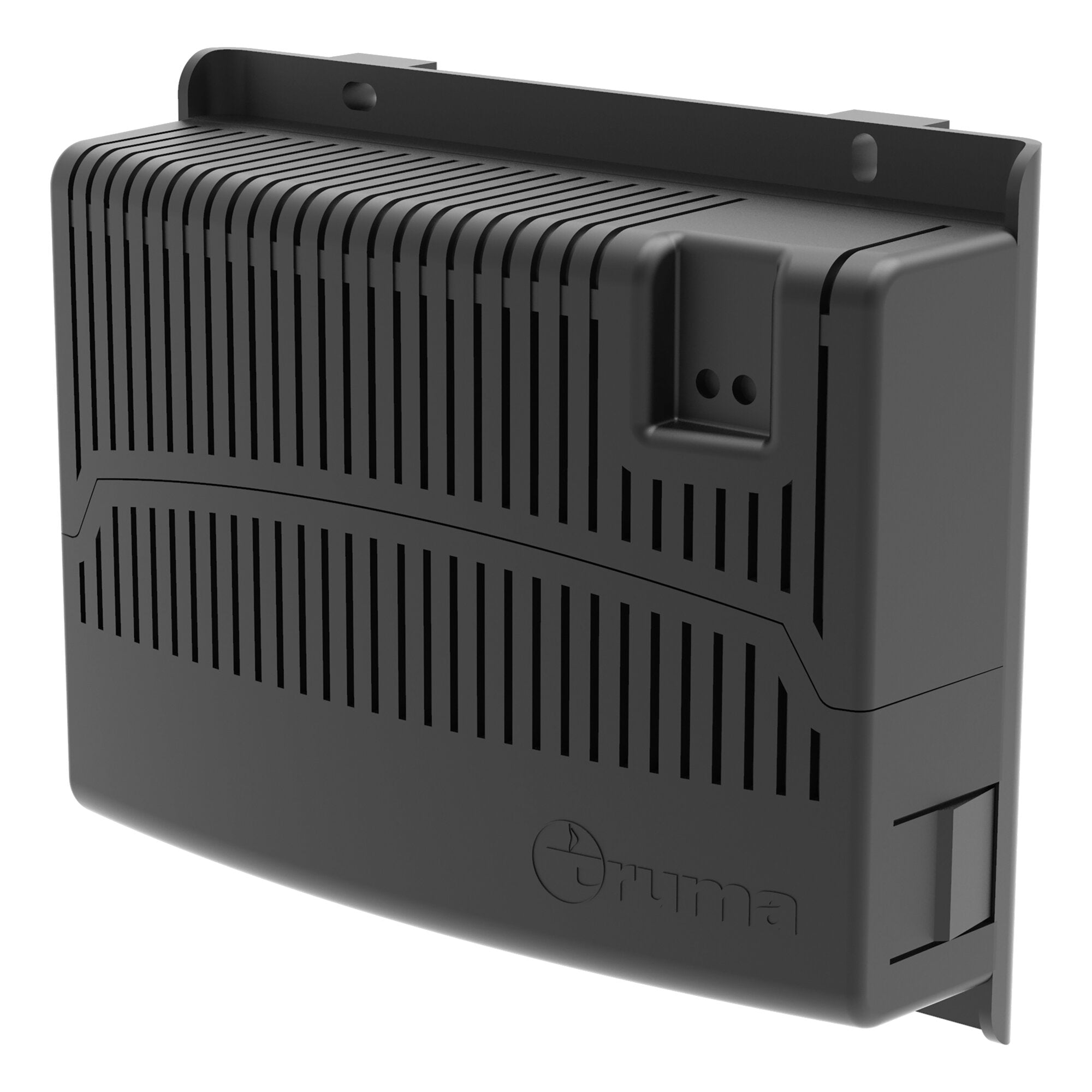 Steuerung XT Gehäuse, dunkelgraues rechteckiges Elektronikgehäuse mit vertikalen Luftschlitzen und oben montierter Halterung mit zwei ovalen Löchern