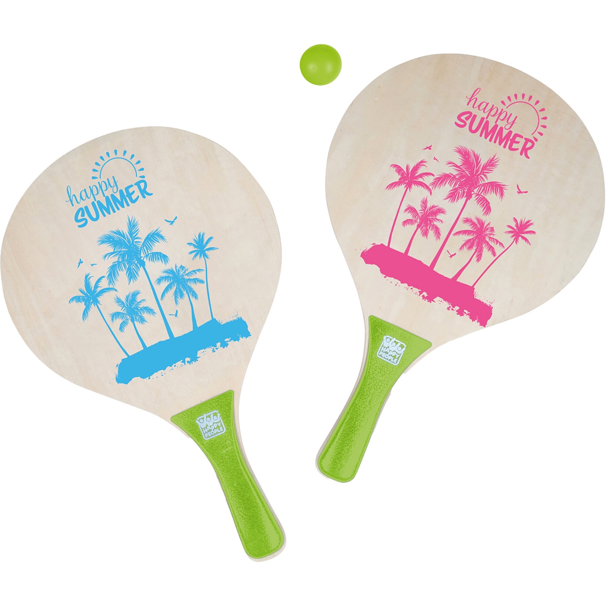 Zwei runde Paddel mit Palmenmotiv und Happy Summer Schriftzug blau und pink, Griffe grün, daneben ein grüner Beachball vor weißem Hintergrund