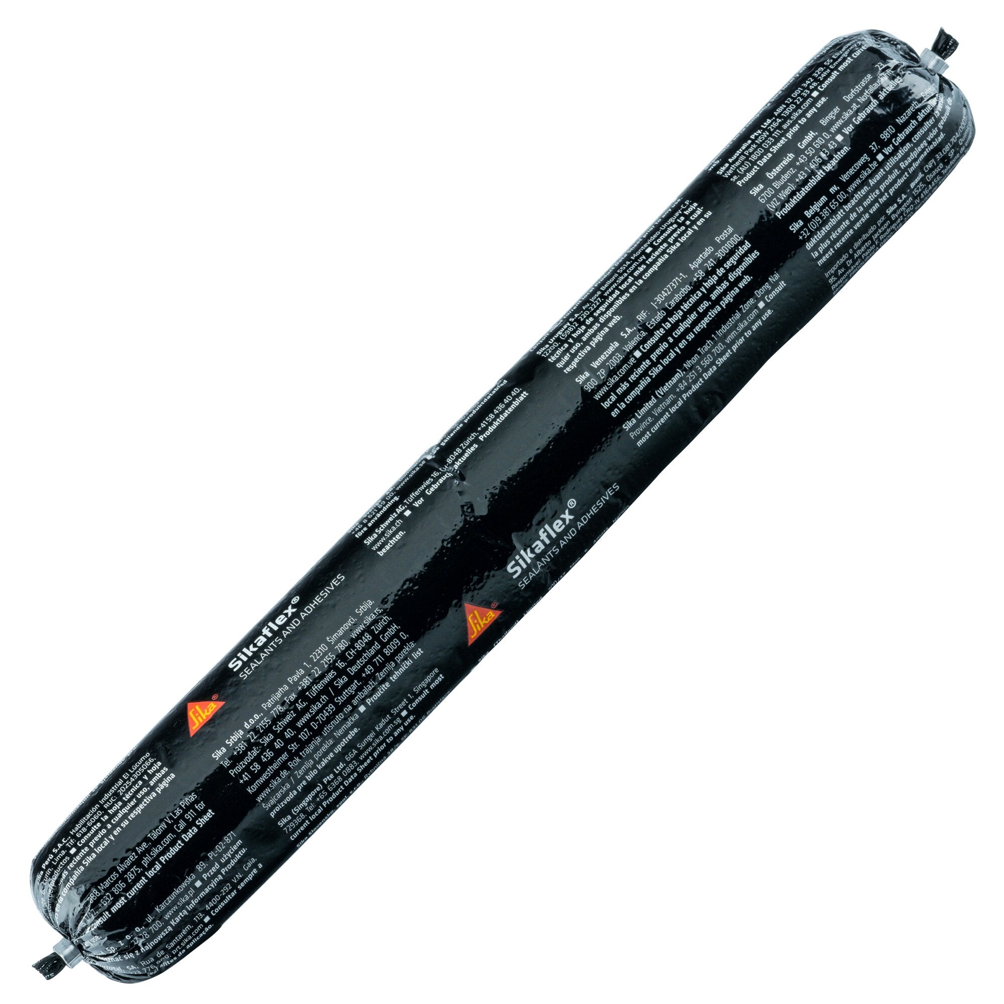 Sikaflex-554 Montageklebstoff, schwarze Kartusche mit weißem Text, diagonal liegend, Düse sichtbar, 600 ml