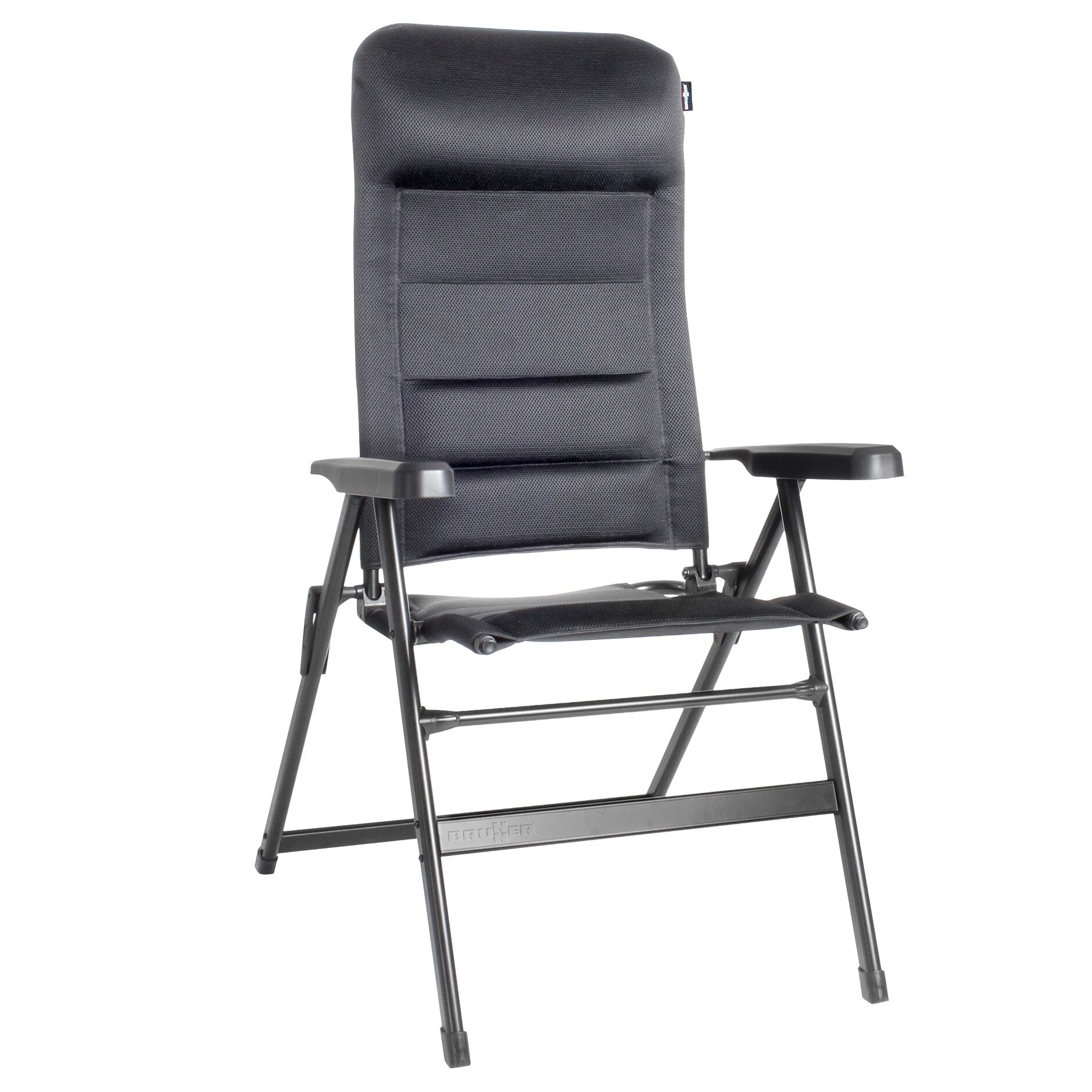Aravel 3D L Campingstuhl in Schwarz mit gepolstertem hohen Rücken, Mesh-Gewebe, zwei Rückenpolstern, grauen Armlehnen und klappbarem Metallrahmen