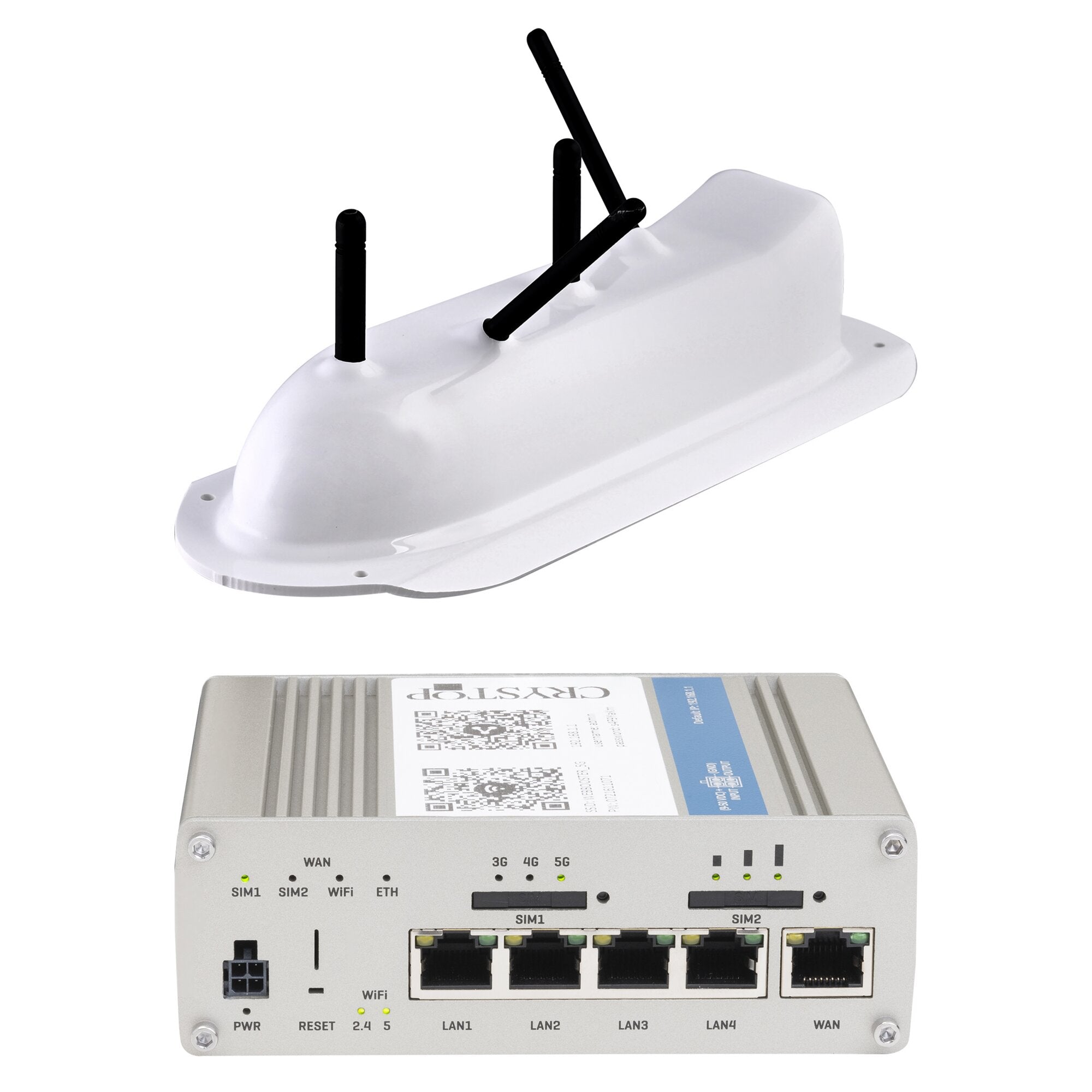 Weiße Routereinheit mit drei schwarzen Antennen; Vorderseite mit WAN- und LAN1–LAN4-Ports, SIM1/SIM2, WiFi, ETH sowie PWR- und Reset-LEDs