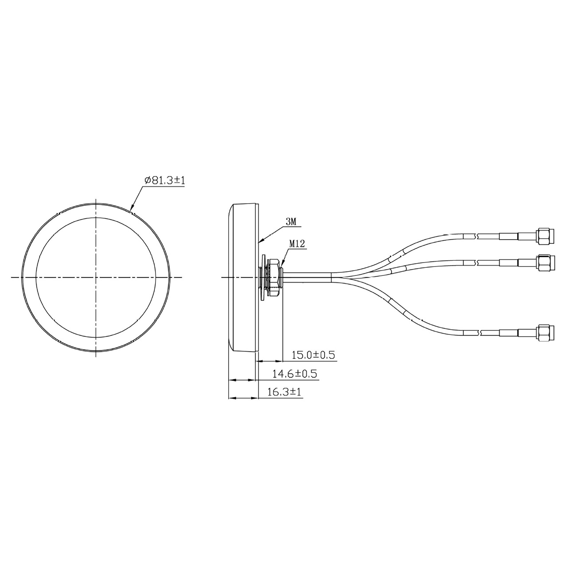 Technische Zeichnung des alphatronics Stream Routersets: Rundes Gehäuse mit Ø81,3 mm Durchmesser, Seitenansicht mit Kabelsträngen und Steckern, Maße angegeben