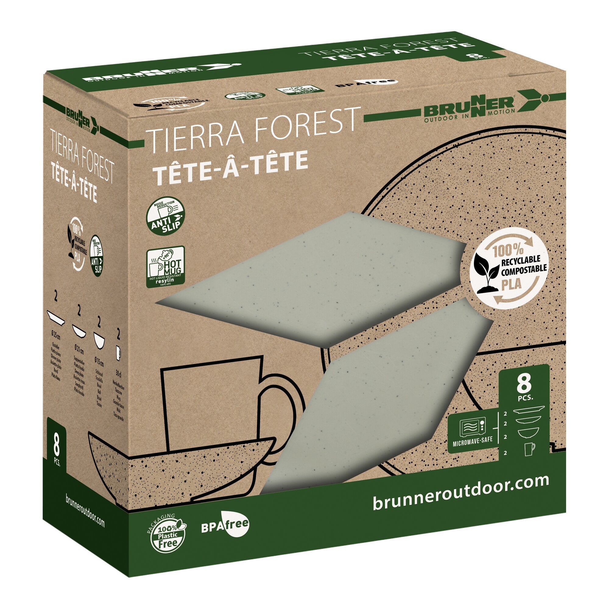 Verpackung in braun des Brunner Outdoor-Geschirrsets Tierra Forest Tête-à-Tête, acht Teile, Recycling-PLA-Symbole sichtbar