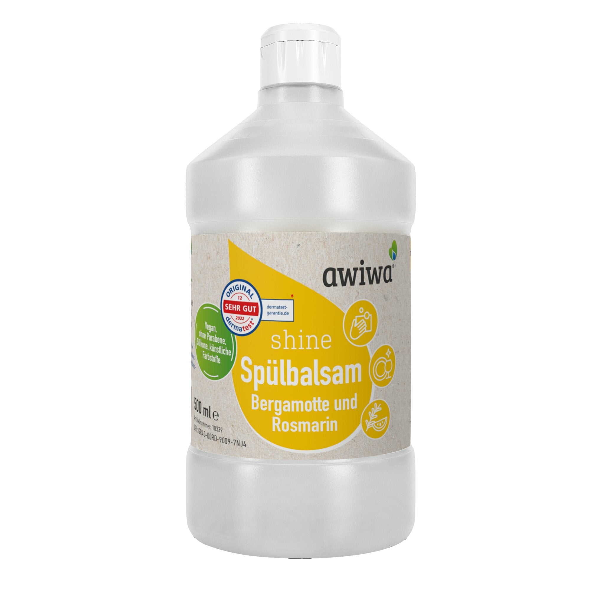 Detailaufnahme eines weißen Flaschenhalses mit Verschluss; Etikett zeigt gelben Kreis und den Text Shine Spülbalsam Bergamotte und Rosmarin