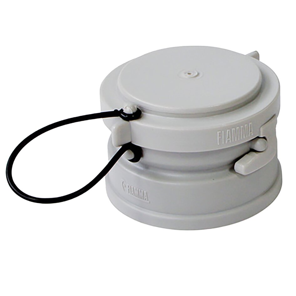 Runder weißer Adapter Quick Connection W aus Kunststoff mit zwei seitlichen Verriegelungen, schwarzem Tragriemen und FIAMMA-Prägung