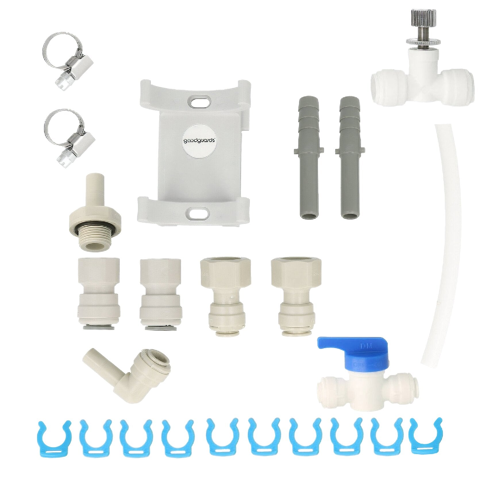 Installations-Set Wasseraufbereitung M (UV/Aktivkohle) mit weißen Kunststoffteilen, T-Stück, blauem Absperrventil, grauen Stutzen und Schlauch
