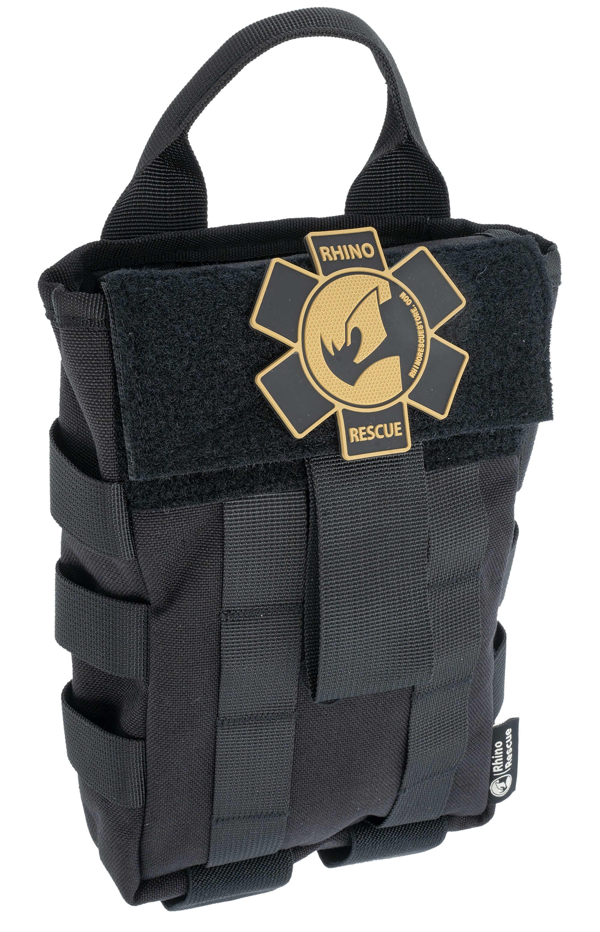 Schwarzes Rhino Rescue IFAK Erste-Hilfe-Set mit MOLLE-Befestigung, Griff oben, gelb-schwarzem Logo vorne, kompakte.