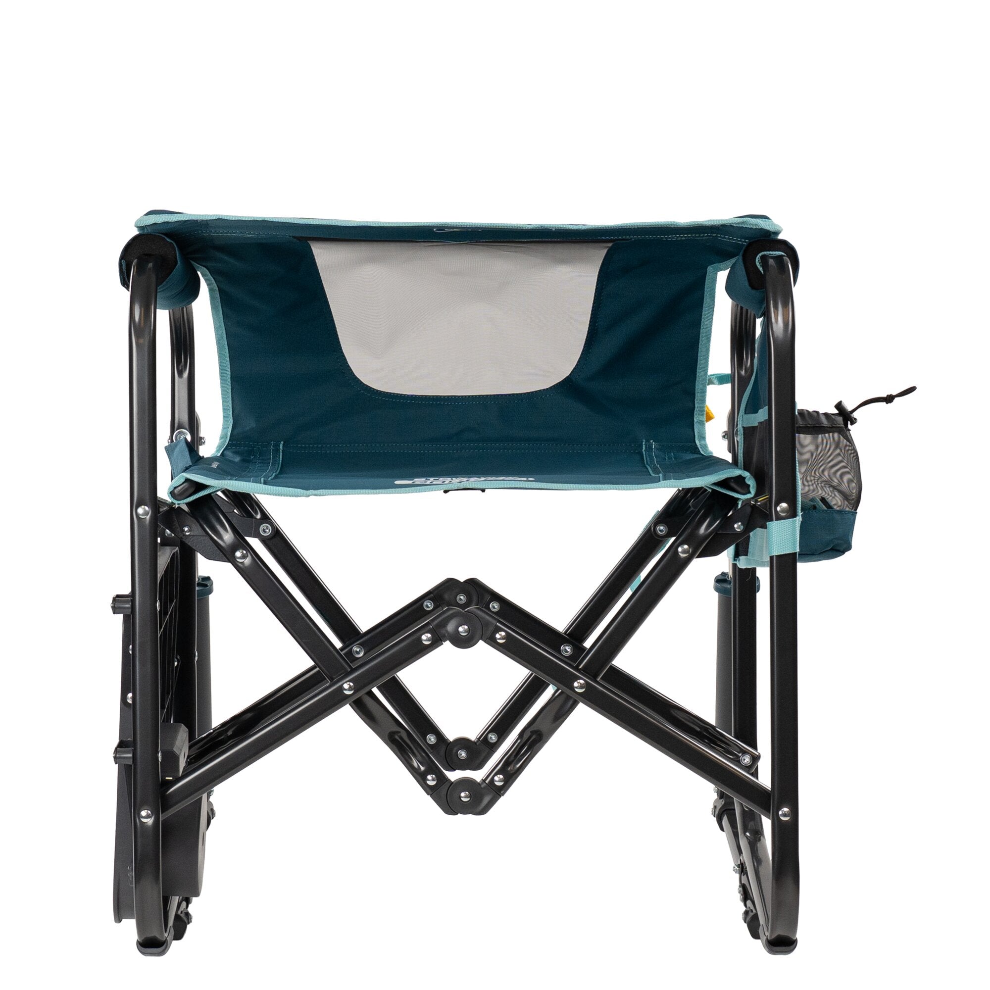 Blauer Camping-Schaukelstuhl mit Tisch, schwarzes Klappgestell aus Metall, Stoffsitze in Blau mit hellblauer Naht, Frontansicht