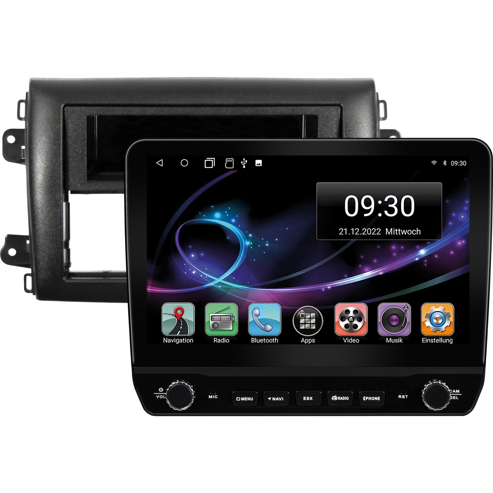 Navigationssystem ESX Vision VNC1061 im Einbaurahmen mit großem Touchscreen Startbildschirm zeigt Symbolleiste mit Navigation, Radio, Bluetooth
