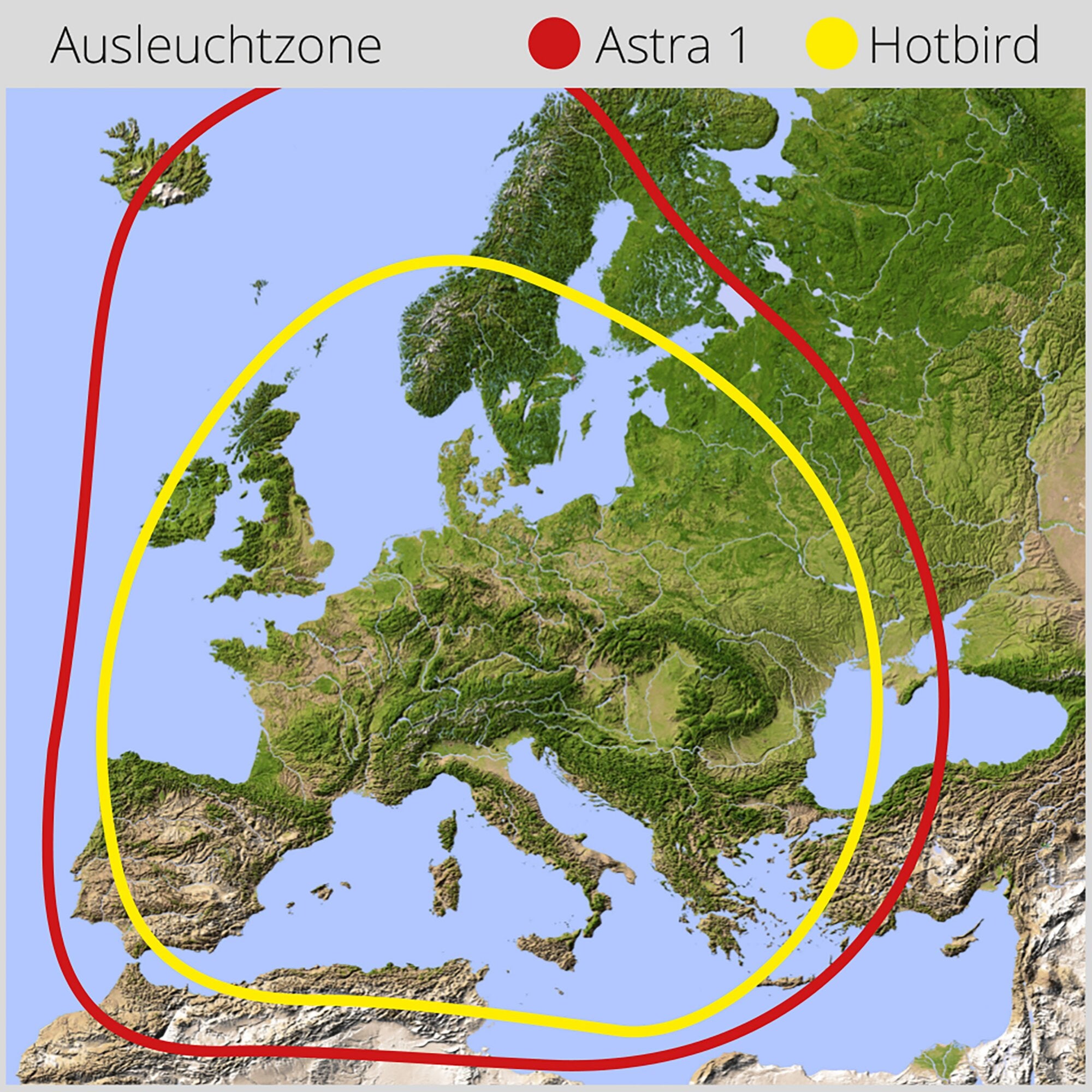 Kartenausschnitt Europas mit blauen Meeren, grünem Gelände und roten sowie gelben Abdeckungsbögen Beschriftung Ausleuchtzone Astra 1 Hotbird