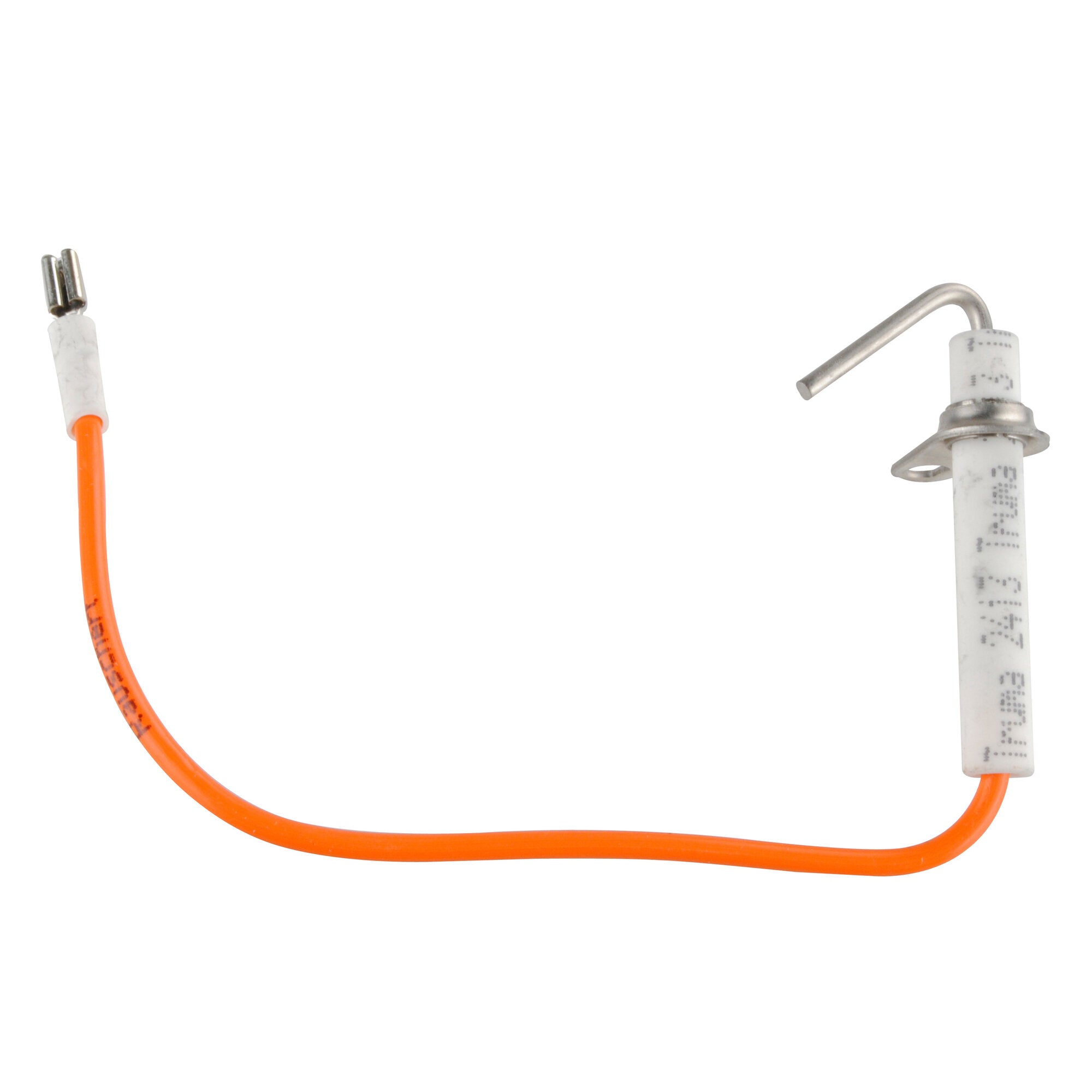 Zündkerze E2400 rechts im Bild, weiße Keramik, Metallgehäuse und Anschluss, orange Zündleitung führt von links heran