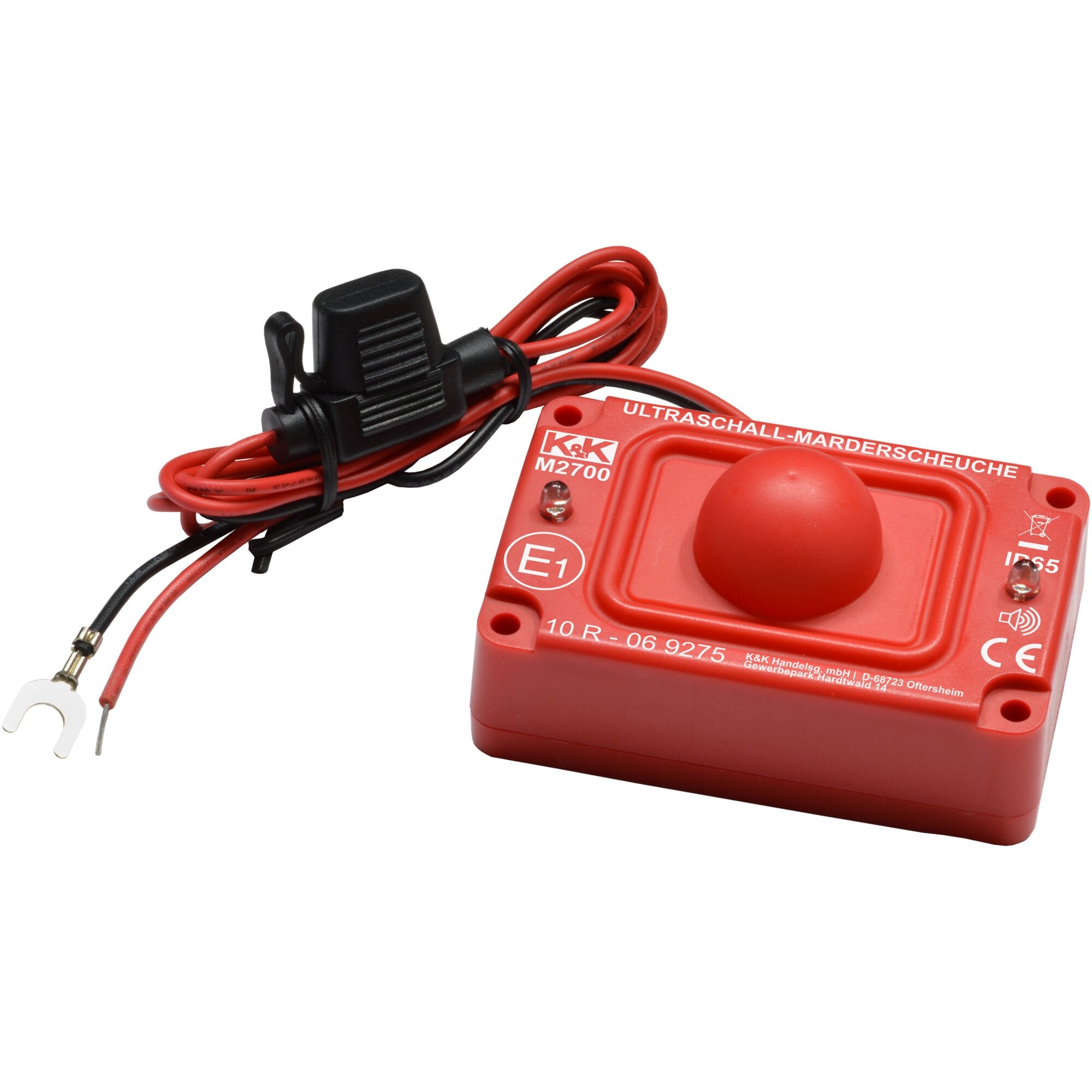 Rotes wasserdichtes Ultraschallgerät zur Marderabwehr, sichtbar M2700, mit aufgewickeltem roten Kabel, schwarzer Anschlussstecker und CE-Markierung
