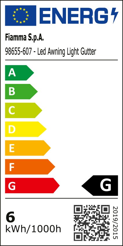 EU-Energielabel für LED-Awning-Lichtleiste; A bis G Skala, G-Bewertung, Verbrauch 6 kWh/1000h, QR-Code, Hersteller Fiamma S.p.A
