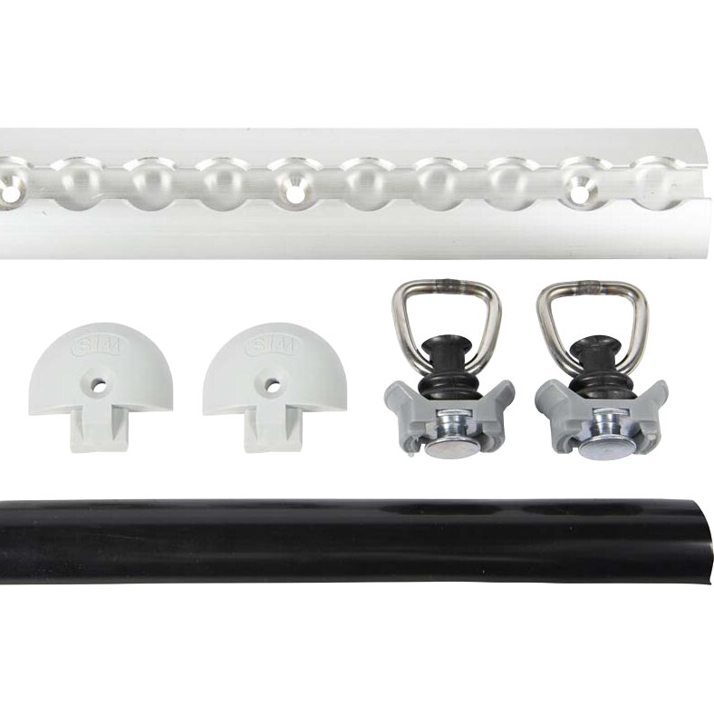 Alu-Befestigungsschienen-Set, rund: silberne Alu-Schiene, zwei weiße Endkappen, zwei Halter mit Gummipuffern, schwarzes Rohr