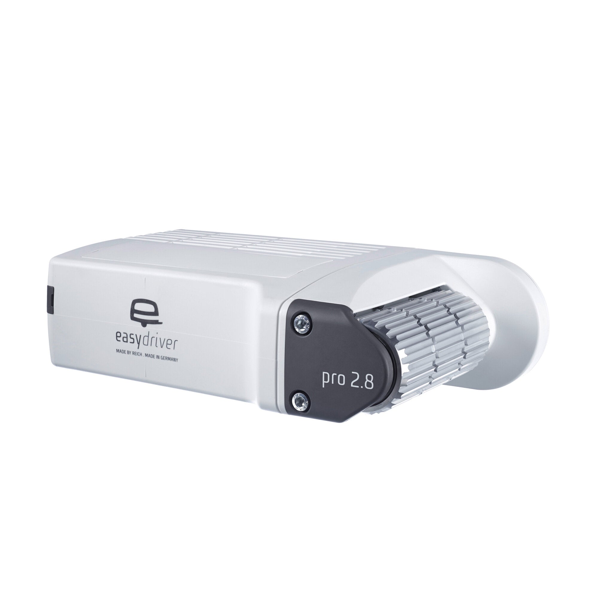 Weißer Rangierantrieb easydriver pro 2.8 mit grauer seitlicher Abdeckung, sichtbarem easydriver-Logo und Pro 2.8-Aufdruck