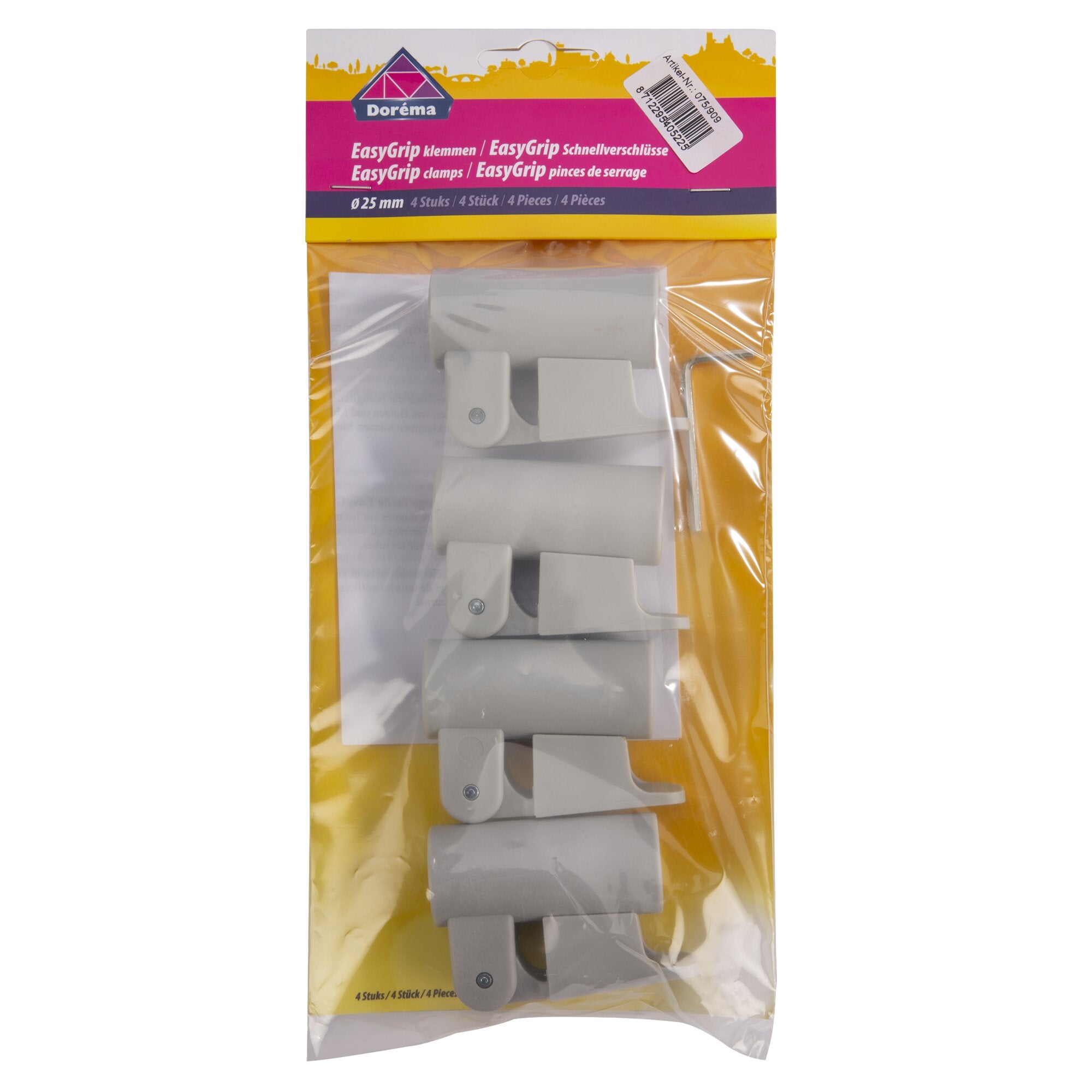 Vier weiße Kunststoff-Schnellverschlüsse EasyGrip mit Ø25 mm sichtbar in transparenter Verpackung; gelb-pinkfarbene Verpackung mit Doréma-Logo