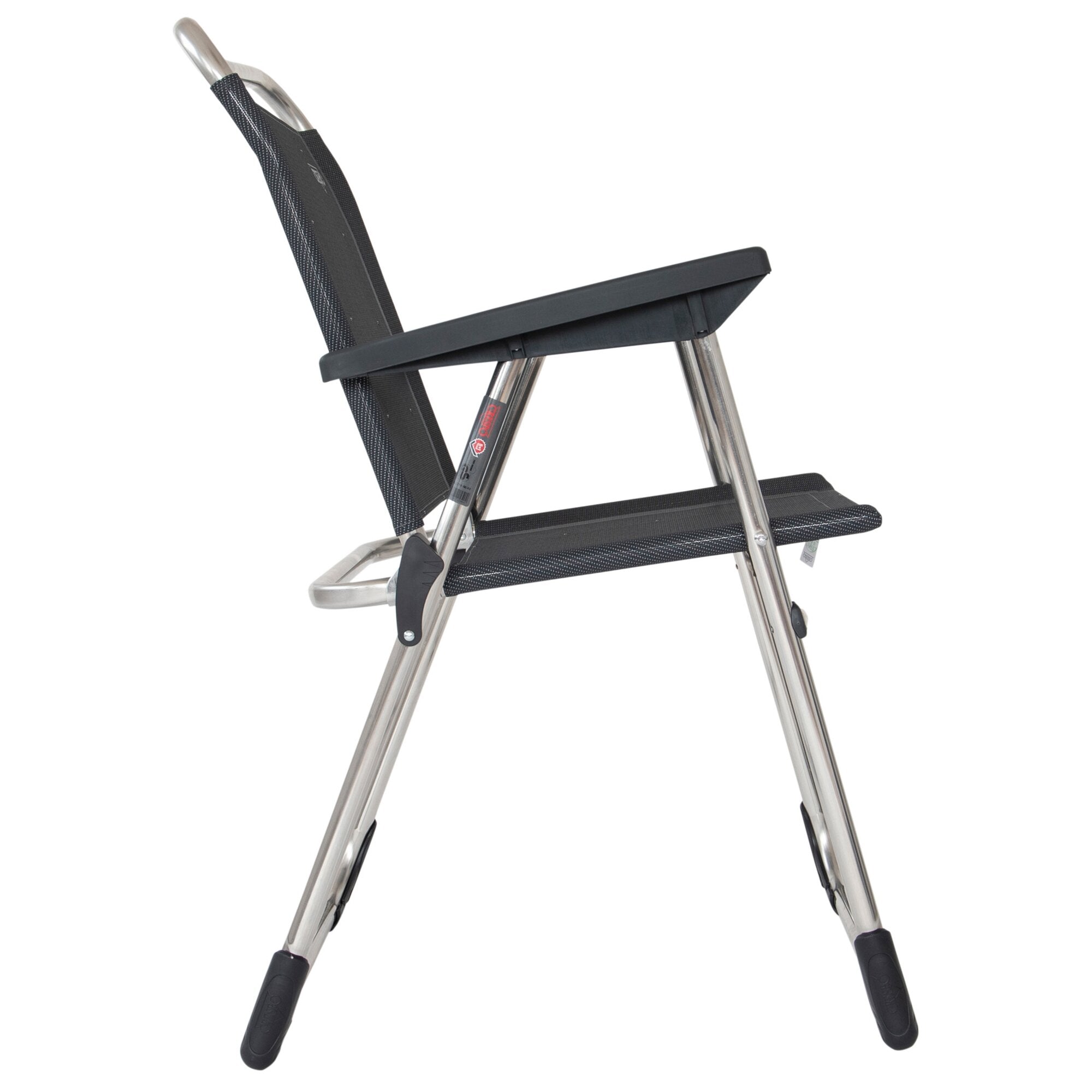Nahaufnahme eines Campingstuhls AL/219 Classic in Anthrazit mit schwarzem Gewebe, silbernem Metallgestell und schwarzen Armauflagen