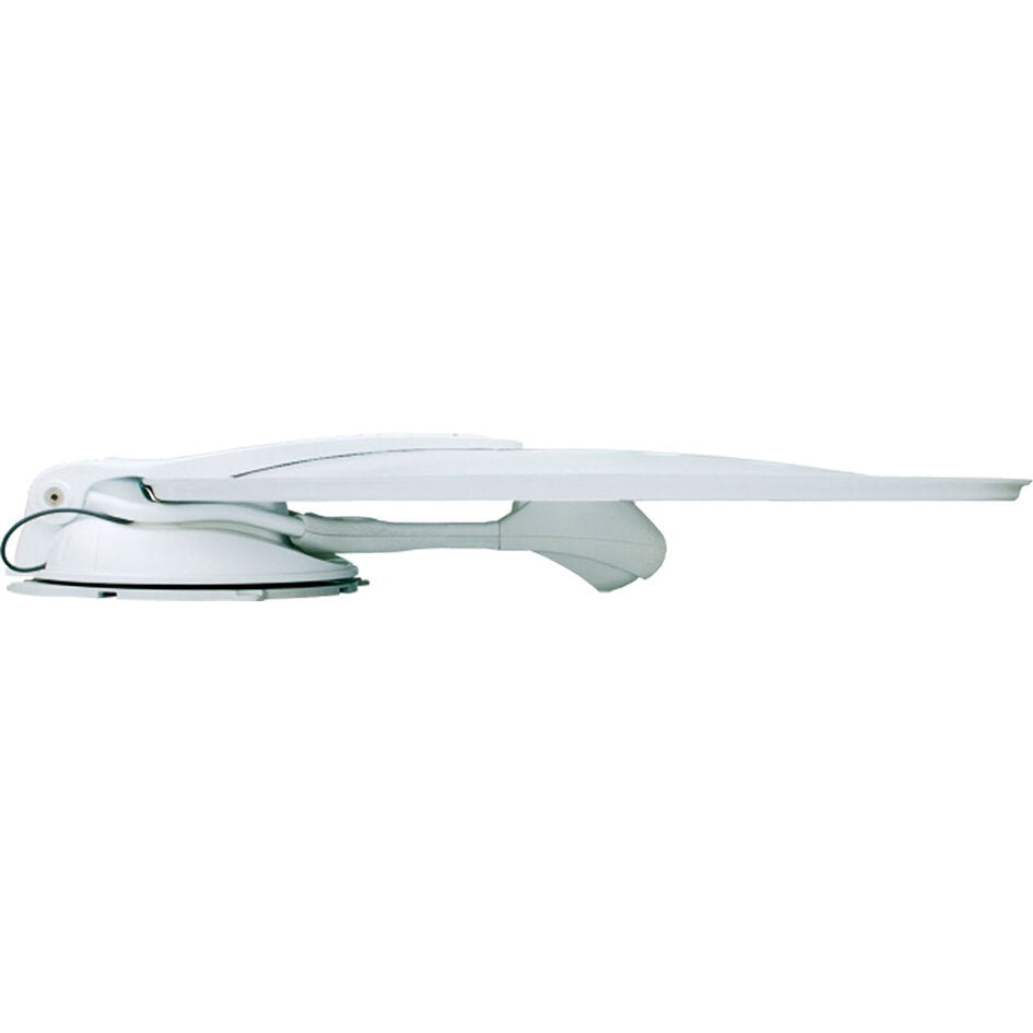 Seitenansicht einer weißen Satellitenanlage FlatSat Easy BT 90 Single mit langem Auslegerarm, runder Basis und sichtbarem Anschlusskabel