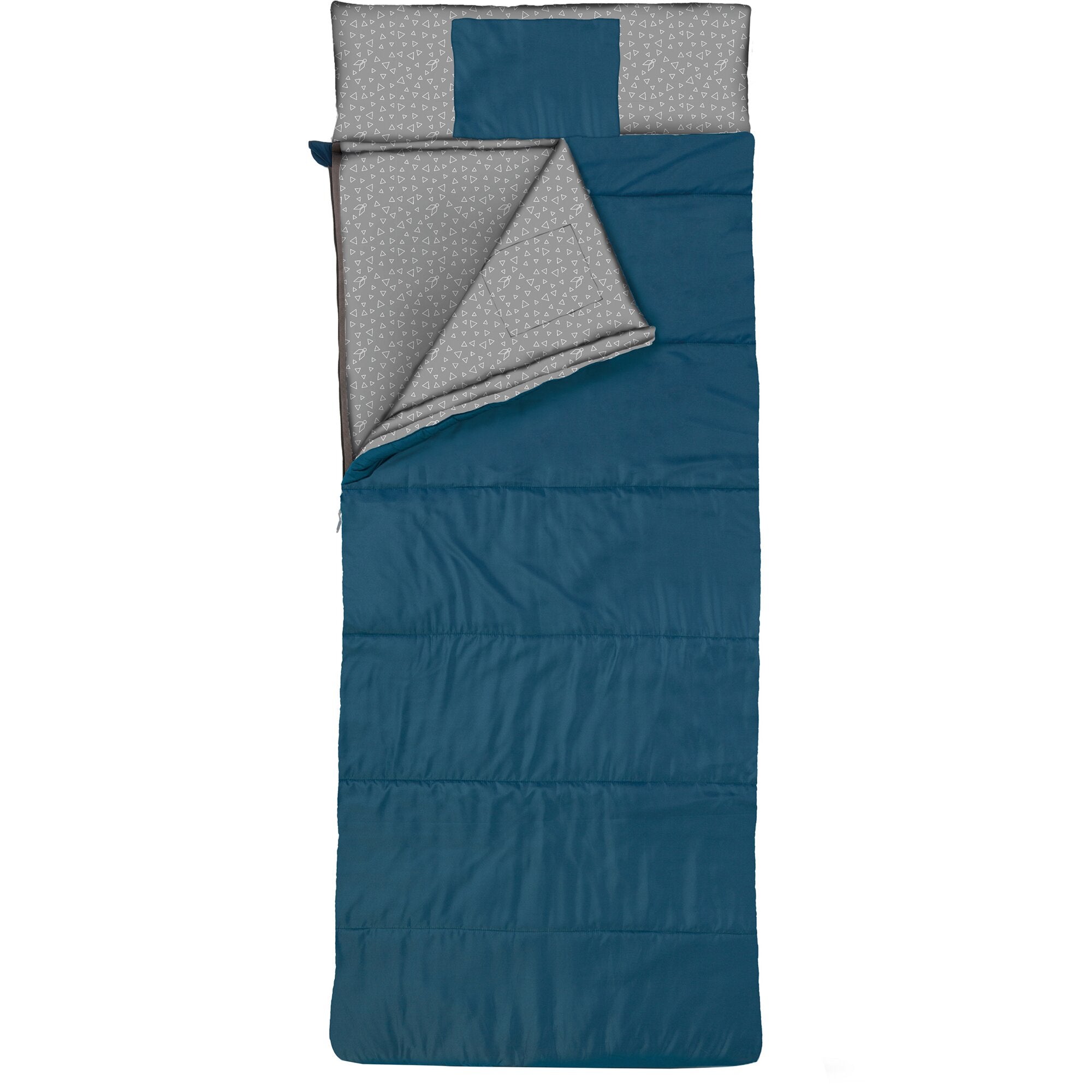 Schlafsack Starflyer XL, von oben geöffnet, außen dunkelpetrol, innen hellgrau mit kleinem weißen Dreiecks-Muster, seitlicher Reißverschluss
