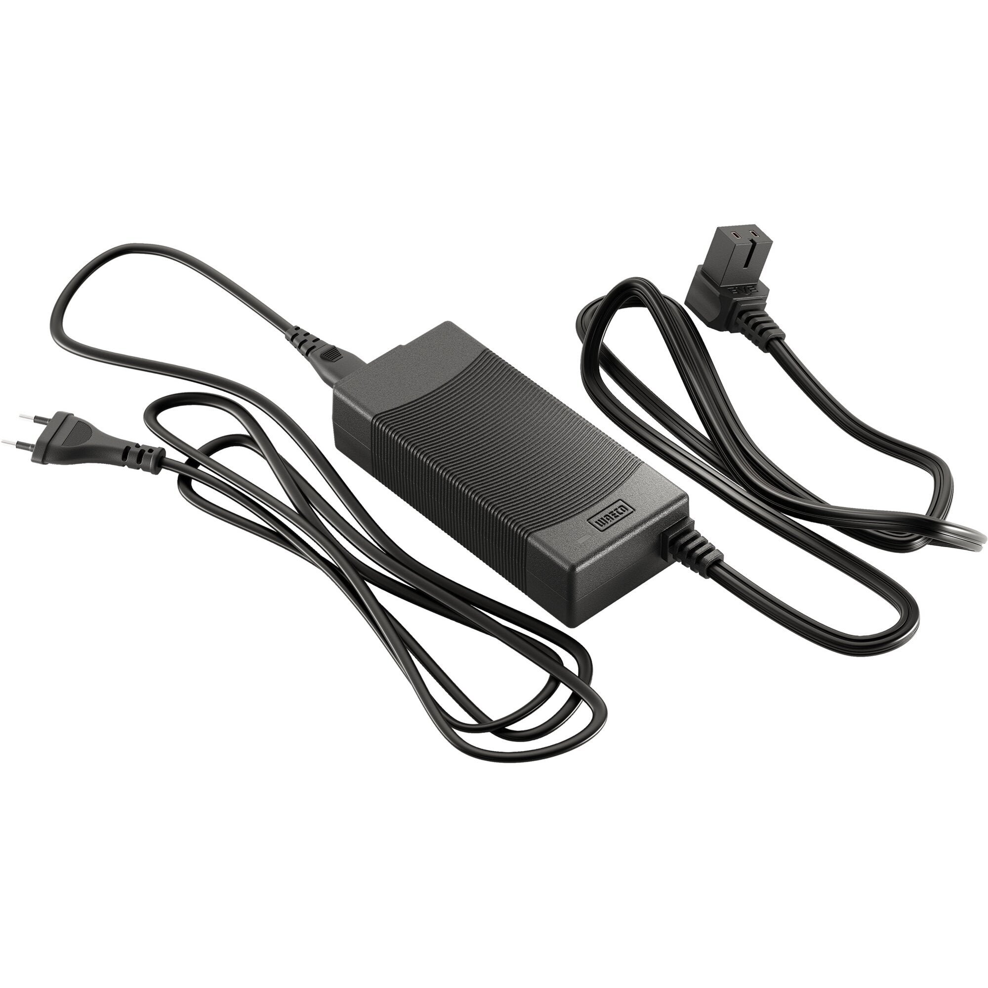 WAECO Netzgleichrichter 6 Ampere mit gerippter Gehäuseoberfläche, oben zwei USB-A-Ausgänge, umlaufende Kabel und Netzeingang-Stecker