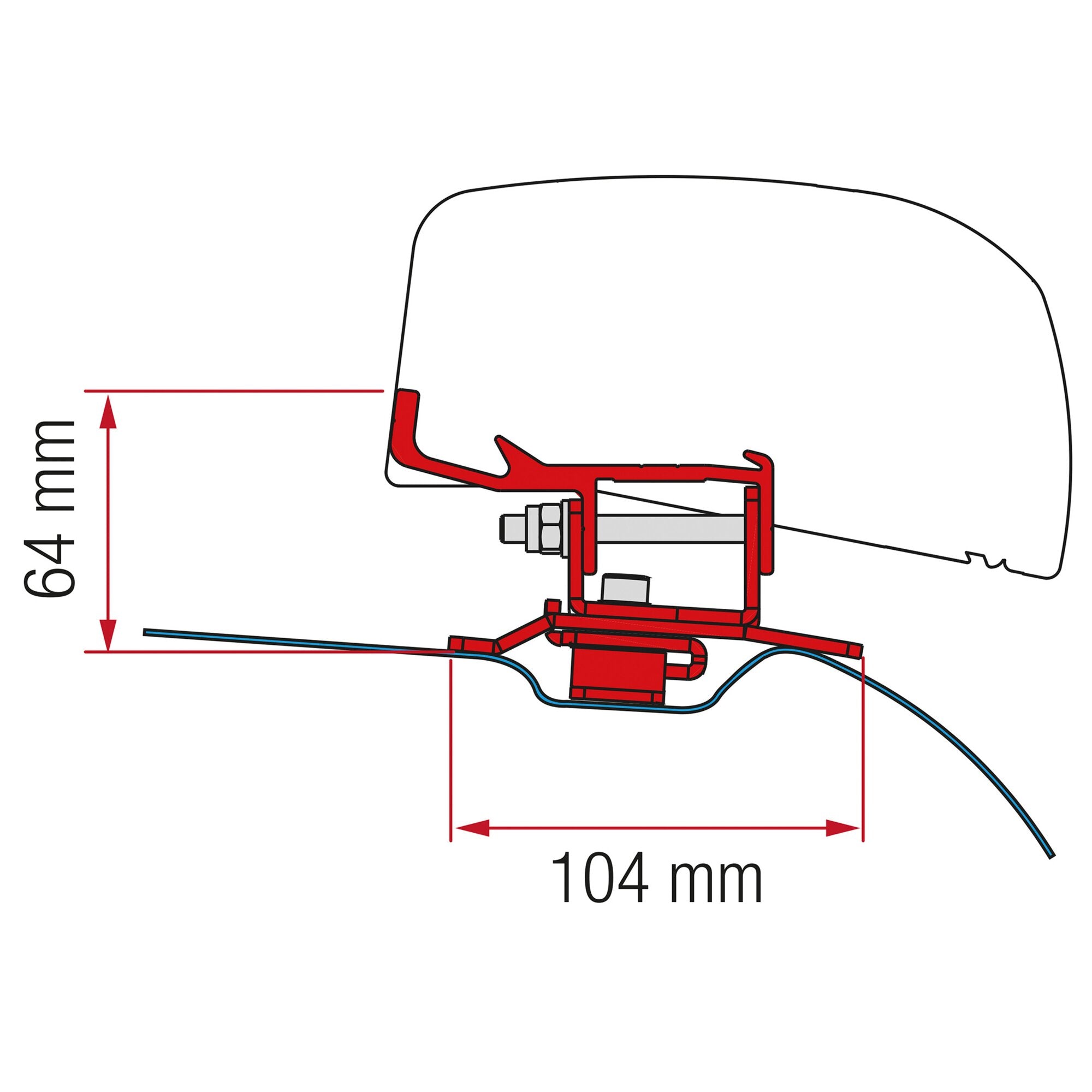 Technische Zeichnung eines roten Markisenadapters Stellantis (PSA) für F40, mit Schraubverbindung, Kabeln und Maßen 104 mm Breite und 64 mm Höhe
