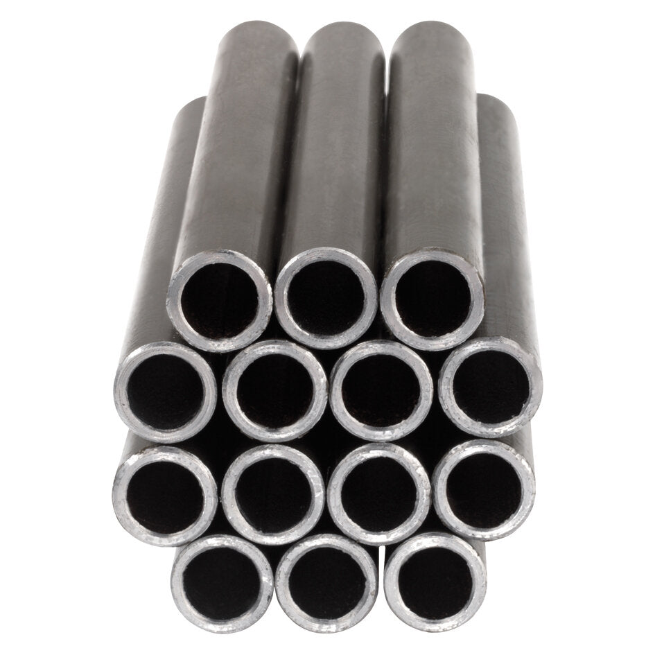 Mehrere hohle Präzisionsstahlrohre mit rundem Querschnitt und Durchmesser ca. 10 mm, silbergrau, dicht zu einem Bund gestapelt und von vorne sichtbar