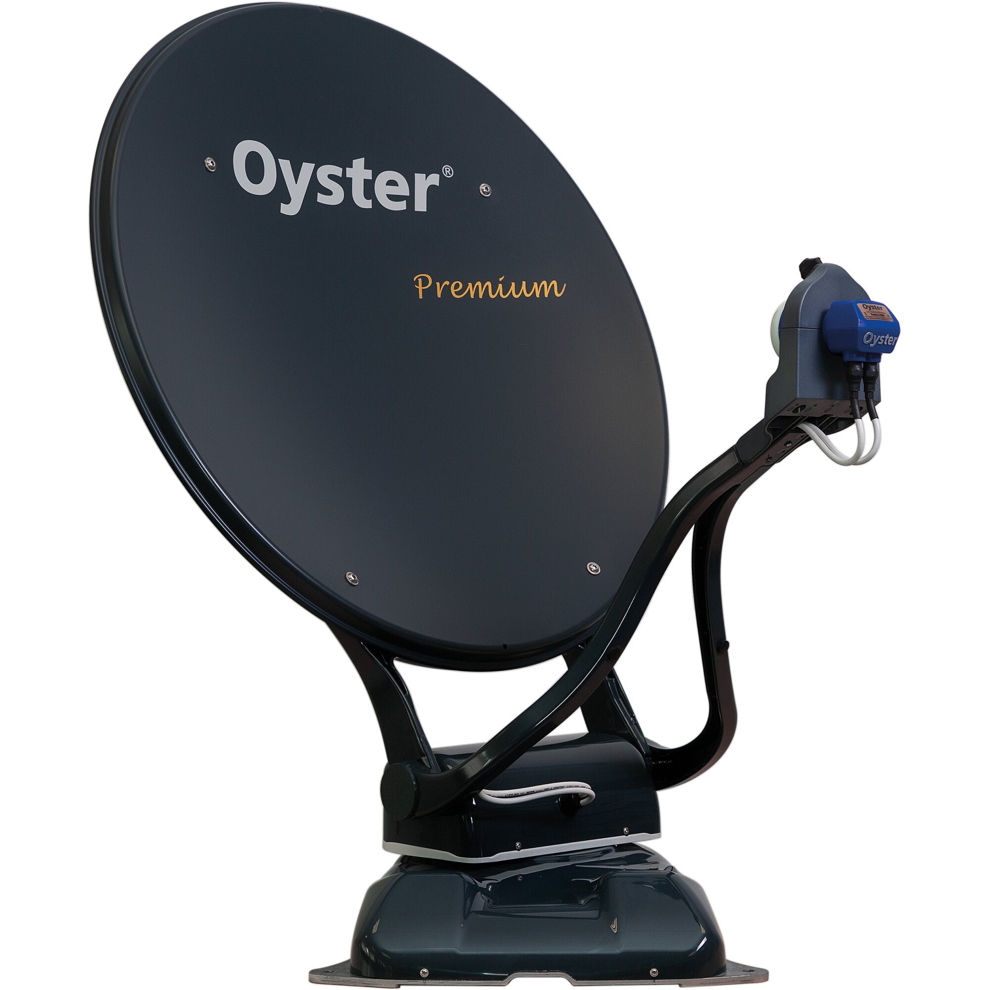 Große dunkelblaue runde Satellitenschüssel mit Montagesystem und sichtbarem Kabelanschluss Oyster 70 Base Twin