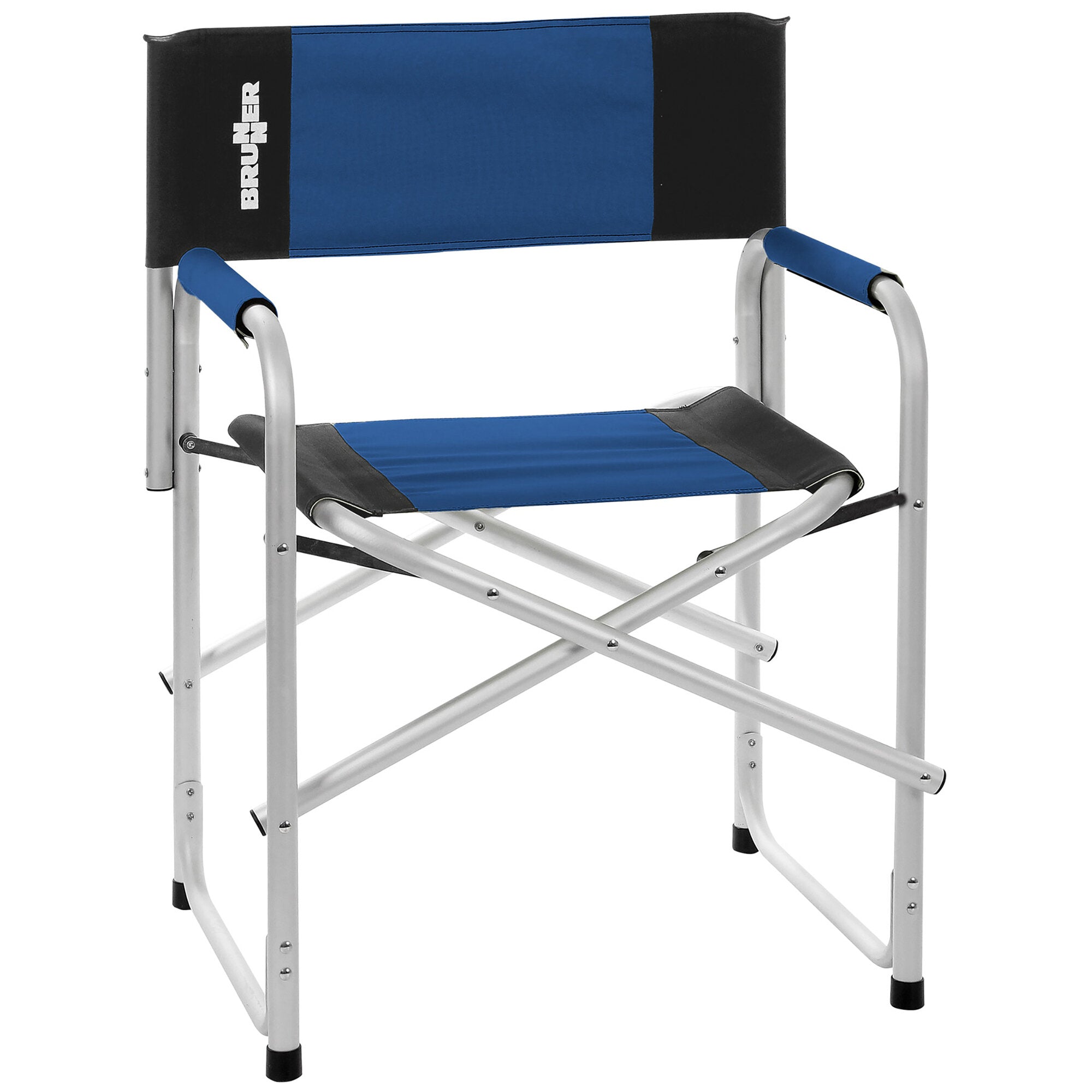 Regiestuhl Bravura, blau und schwarz, faltbarer Stuhl mit silbernem Metallrahmen, blauem Rücken- und Sitzbezug, blaue Armlehnenabdeckungen