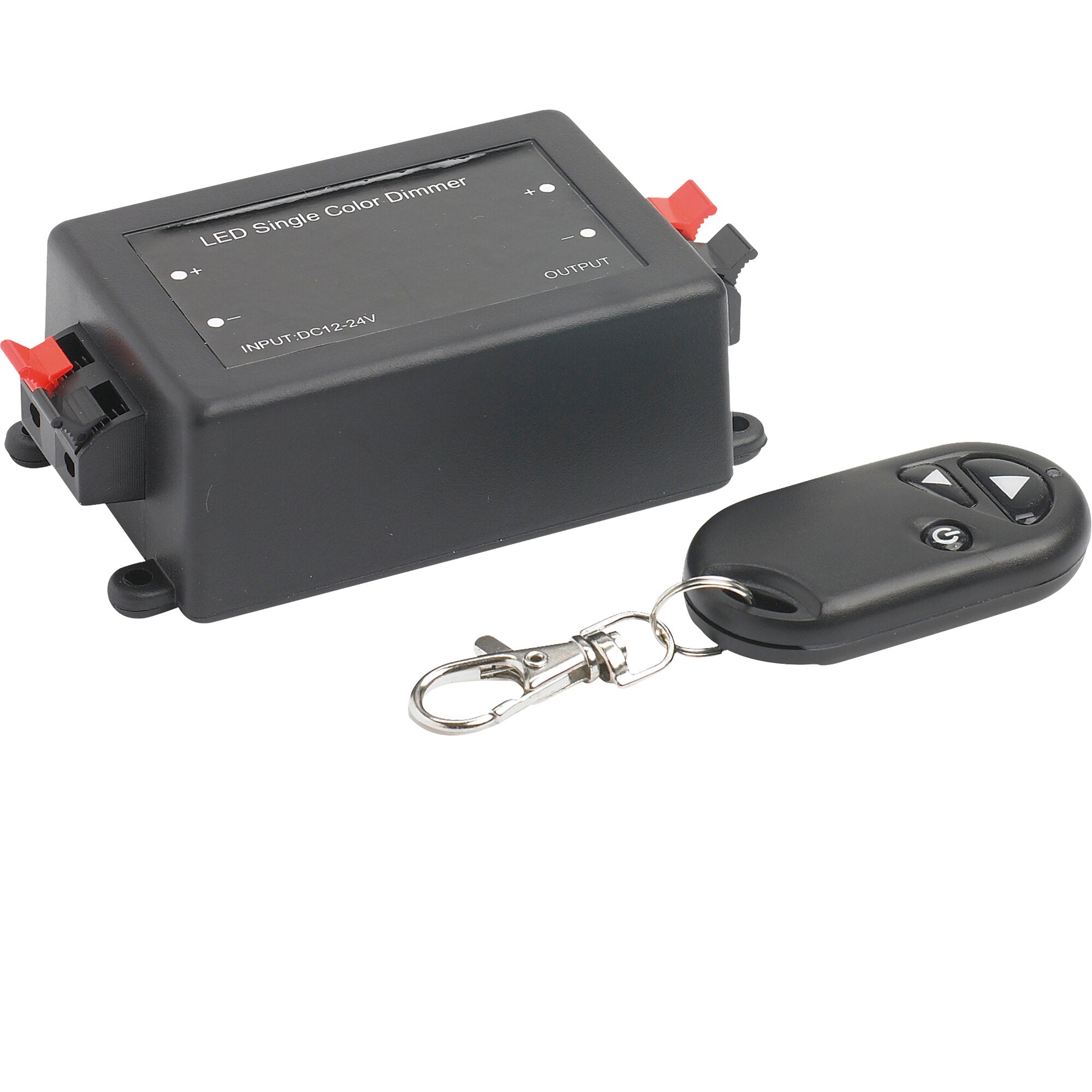 Schwarzes rechteckiges Dimmergehäuse für LED Single Color Dimmer, Eingang DC12-24V und Ausgang, rote Steckverbinder, Fernbedienung sichtbar