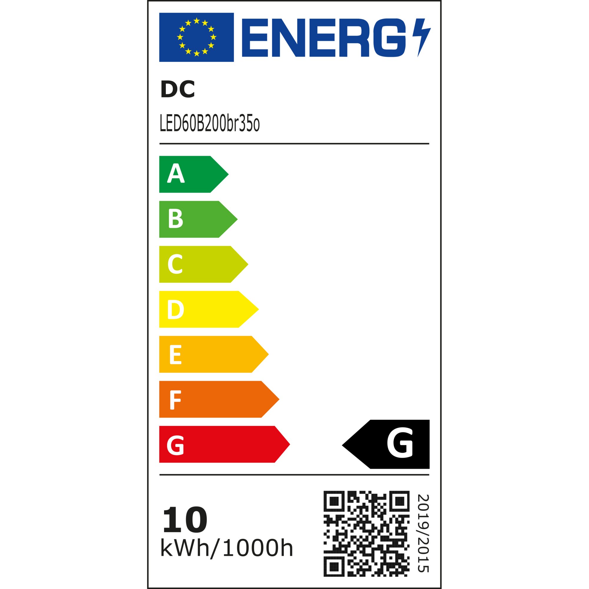 EU-Energiekennzeichnung für ein DC-Lichtband mit 200 cm Länge, farbige Balken von A bis G, QR-Code und Angabe LED60B200br350