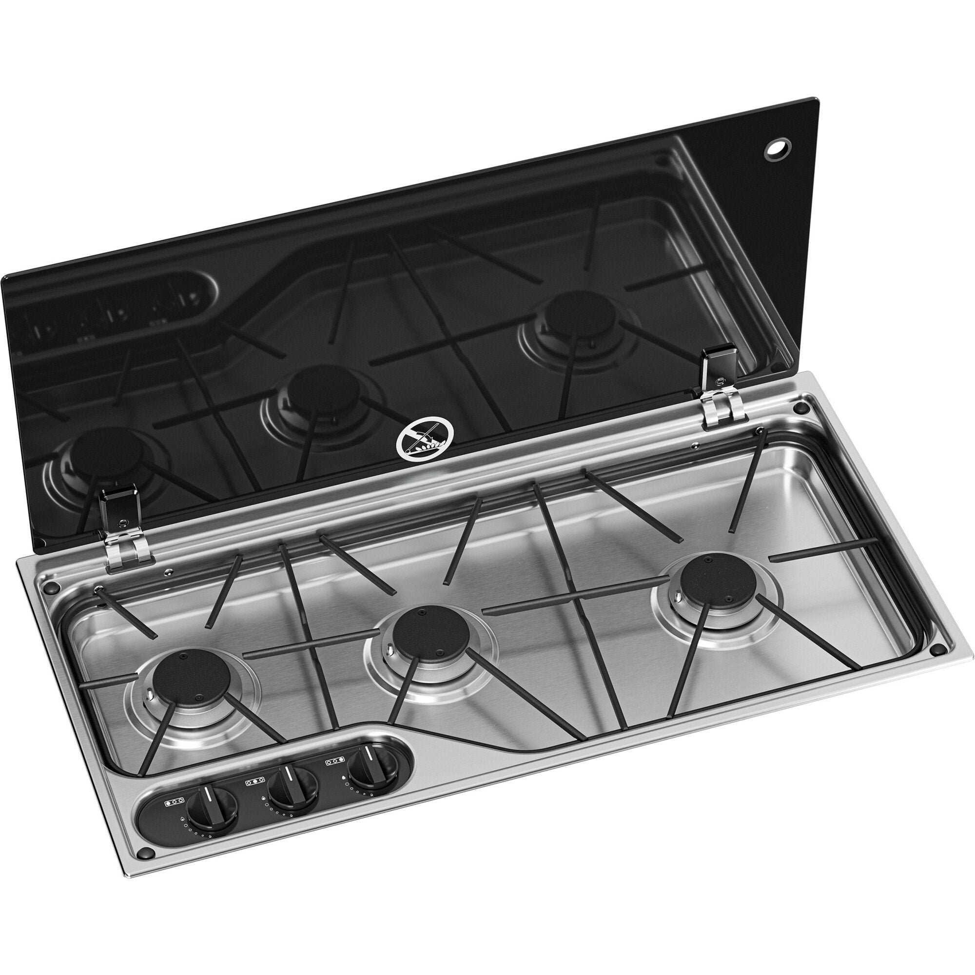 Kocher CVH 1700G: Edelstahl-Gasherd mit geöffnetem schwarzen Glasdeckel, vier Brenner, Gitterrosten und Frontbedienung mit drei Drehknöpfen