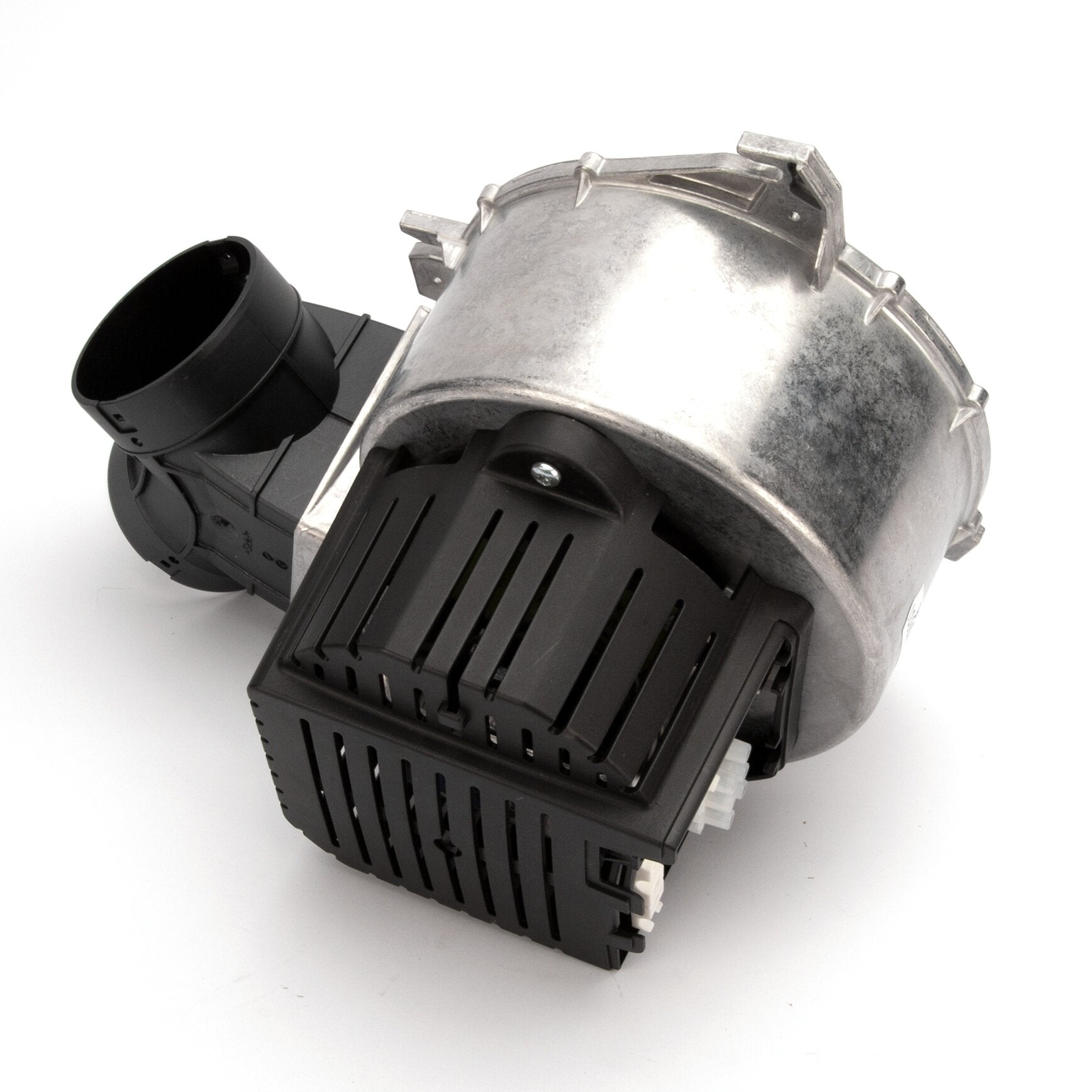 Gebläse mit silbernem Metallgehäuse, schwarzem Kunststoffmotorblock, seitlichem Ansaugstutzen und vertikalen Lüftungsschlitzen