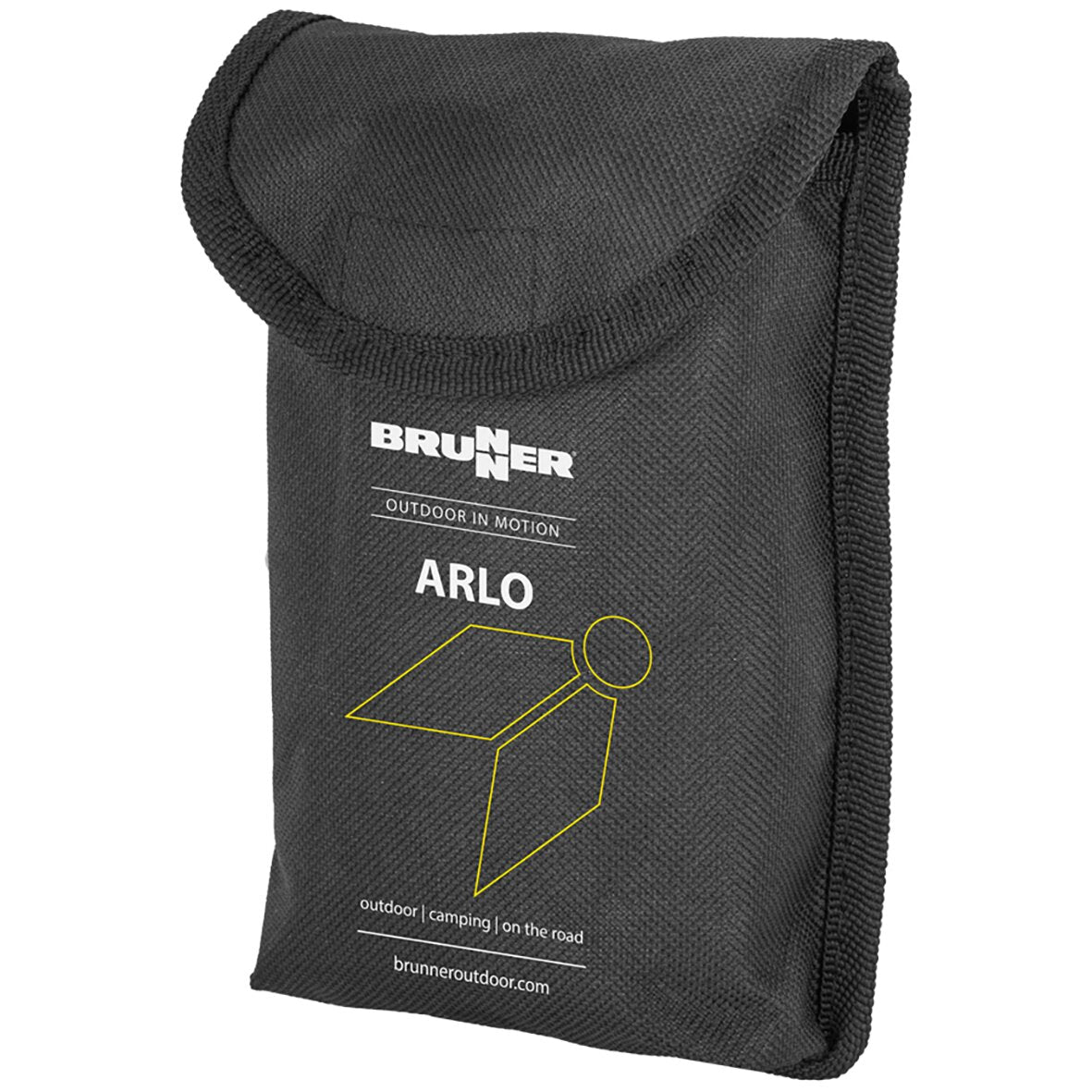 Schwarze Gewebetasche mit Klappe und seitlichem Reißverschluss, Brunner ARLO Logo in Weiß, gelbe Linienzeichnung eines Würfels und Kreises
