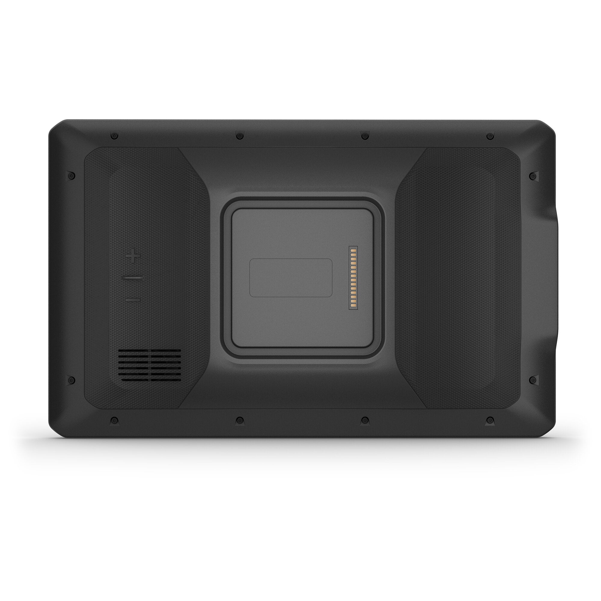 Rückseite des Garmin VIEO RV Bedienteils, 10,1 Zoll, dunkelgraues Gehäuse, Schrauben entlang der Kanten, rechte Kontaktleiste mit Goldkontakten