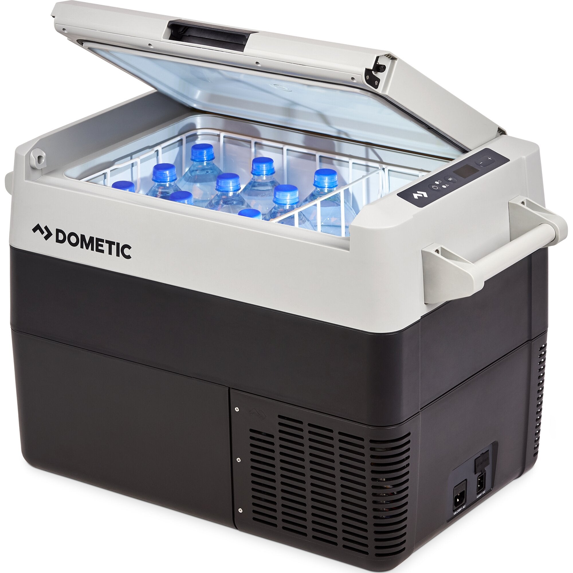 Kompakte Dometic CFF Kompressor Kühlbox mit offenem Deckel, Innenraum mit blauen Wasserflaschen, seitliches Bedienfeld sichtbar