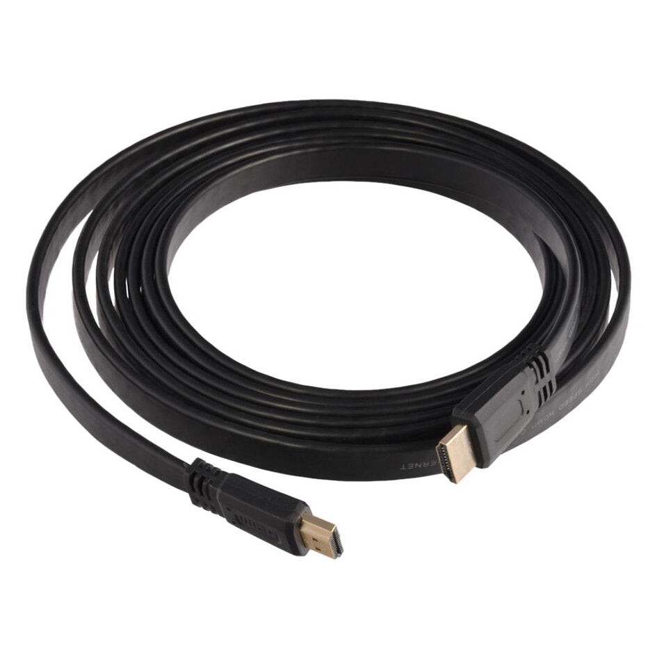 Schwarzes flaches HDMI-Kabel, zu einer Schlaufe aufgewickelt, mit zwei goldfarbenen HDMI-Steckern an beiden Enden, Länge 5 Meter