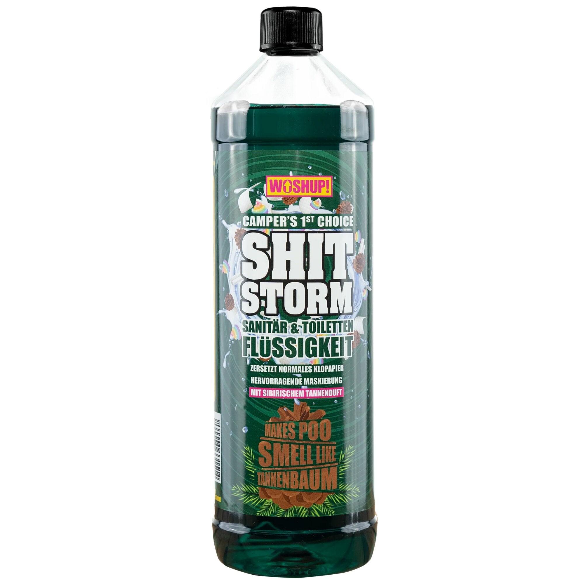 Grüne 1-L-Flasche mit schwarzer Schraubkappe; Etikett mit SHIT STORM in großer Schrift, grünem Hintergrund und Tannenzweig-Design