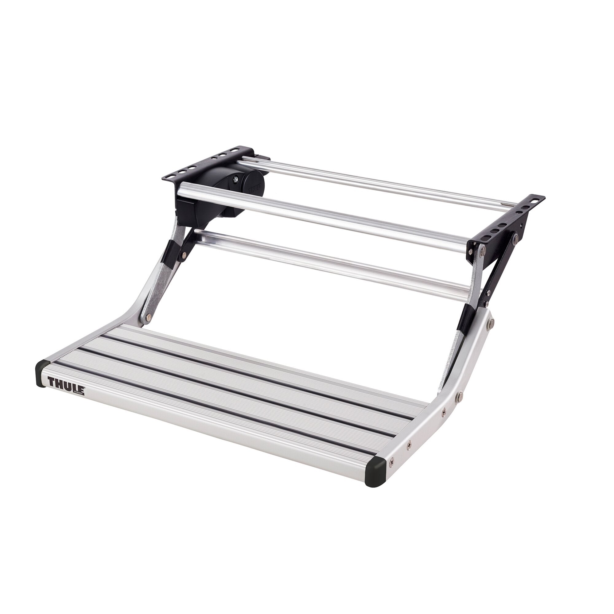 Thule Trittstufe Single Step V15 12 V aus Aluminium mit vier Röhren, schwarzen Endstücken und sichtbarem Thule-Logo an der Vorderkante