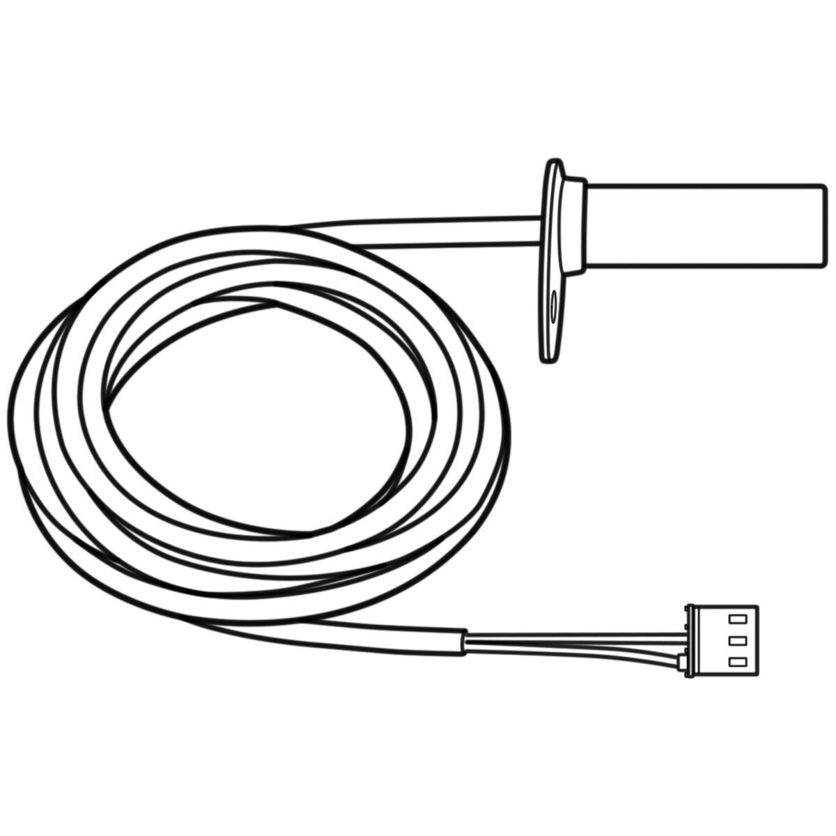 Reglerheizung Eis-Ex: lang aufgewickeltes Kabel mit rundem Temperatursensor und Flansch an einem Ende, USB-Stecker am anderen Ende