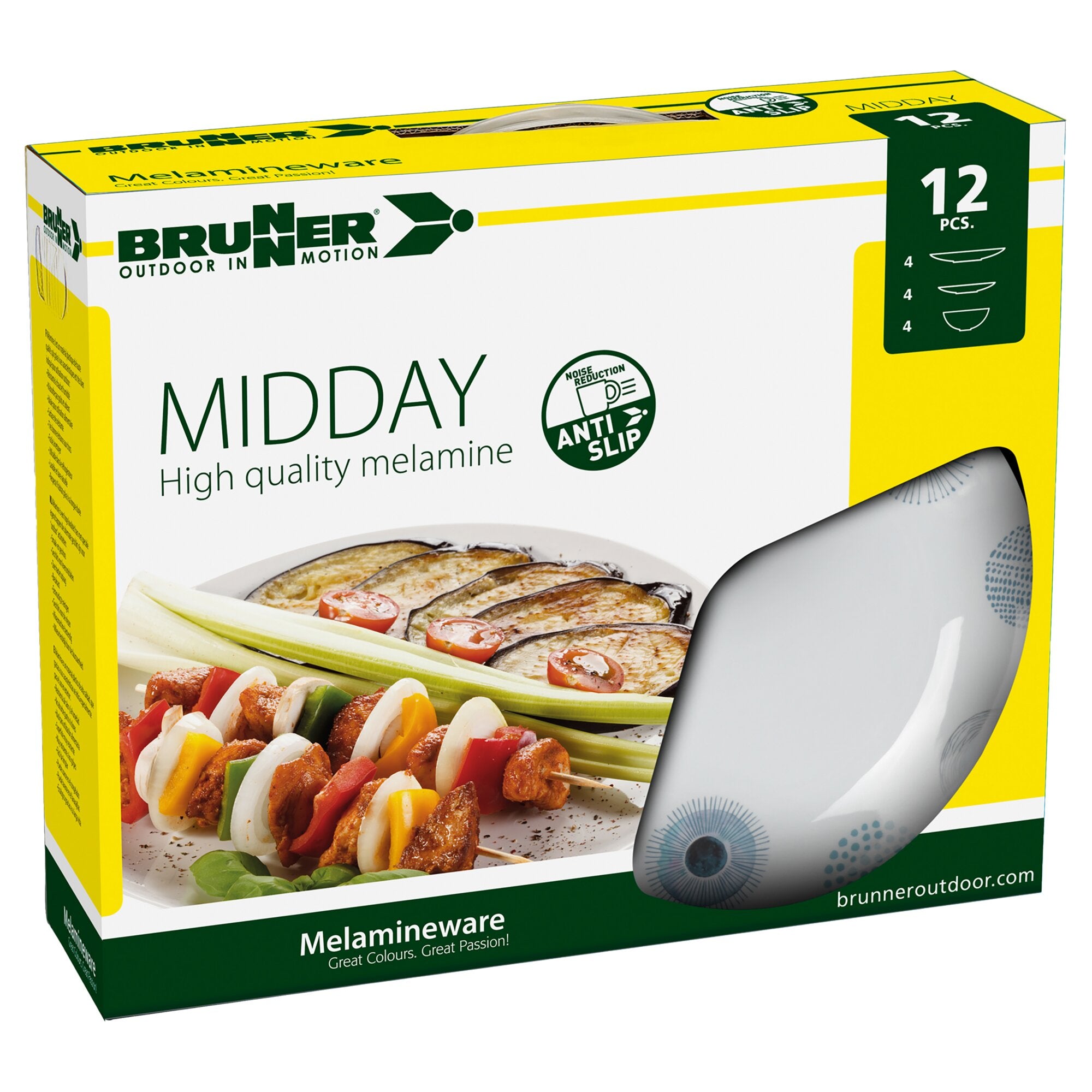 Gelbe Verpackung des Brunner Midday Deep Sea Melamineware Geschirrsets, 12 Teile, zeigt Teller mit Gemüse-Spießen und blauen Tellern