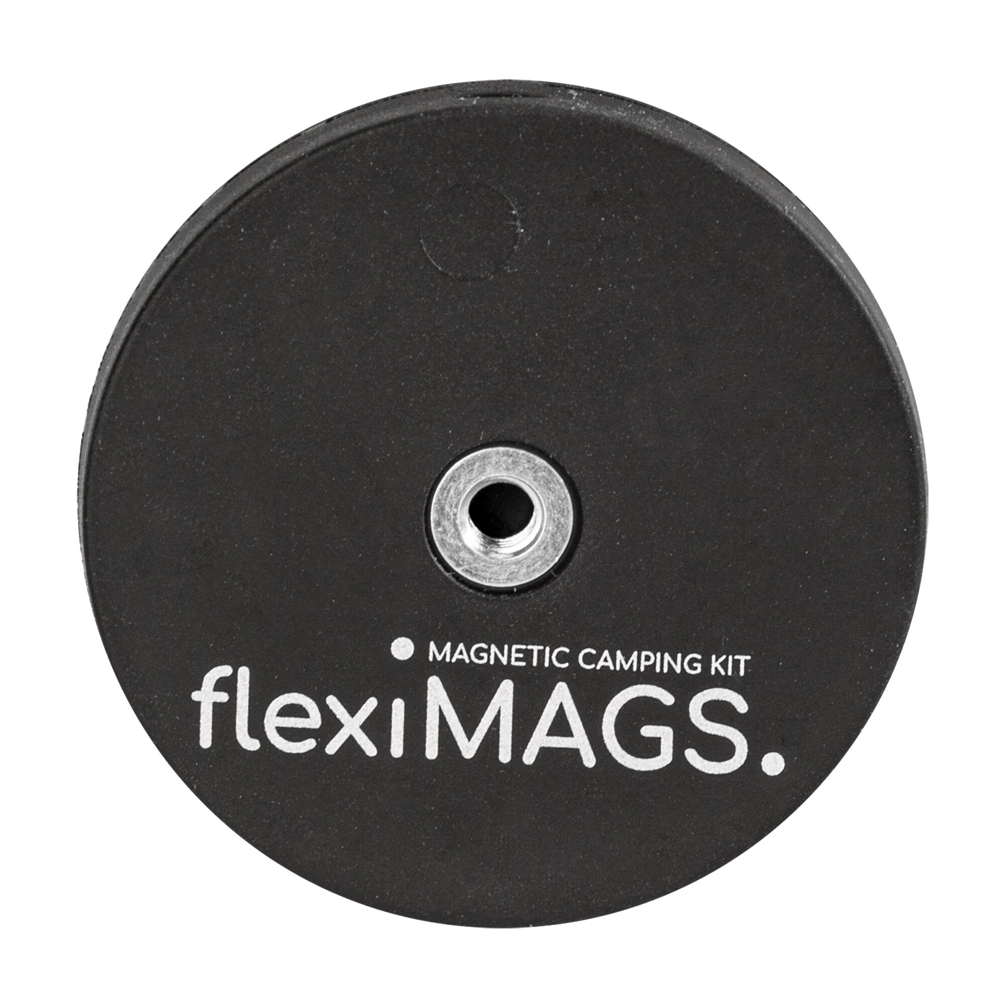 Runder schwarzer Magnet mit zentralem Metallzentrum und Loch in der Mitte, umlaufender Rand; unten MAGNETIC CAMPING KIT und flexiMAGS