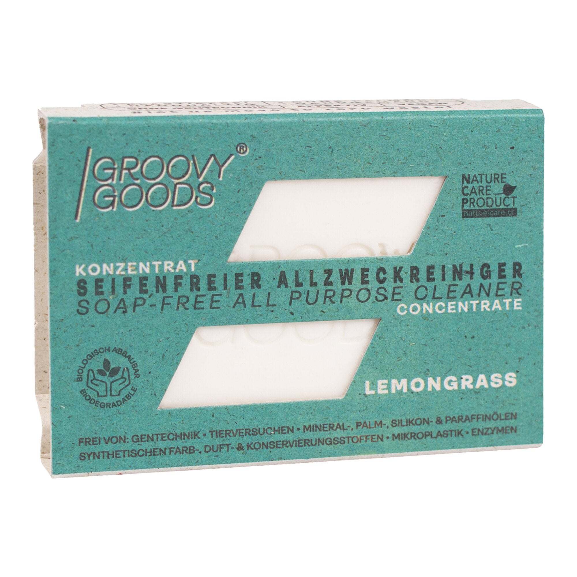 Grüne Verpackung mit transparentem Fenster, durch das weißer Allzweckreiniger sichtbar ist; Groovy Goods Logo, Lemon Grass Duft