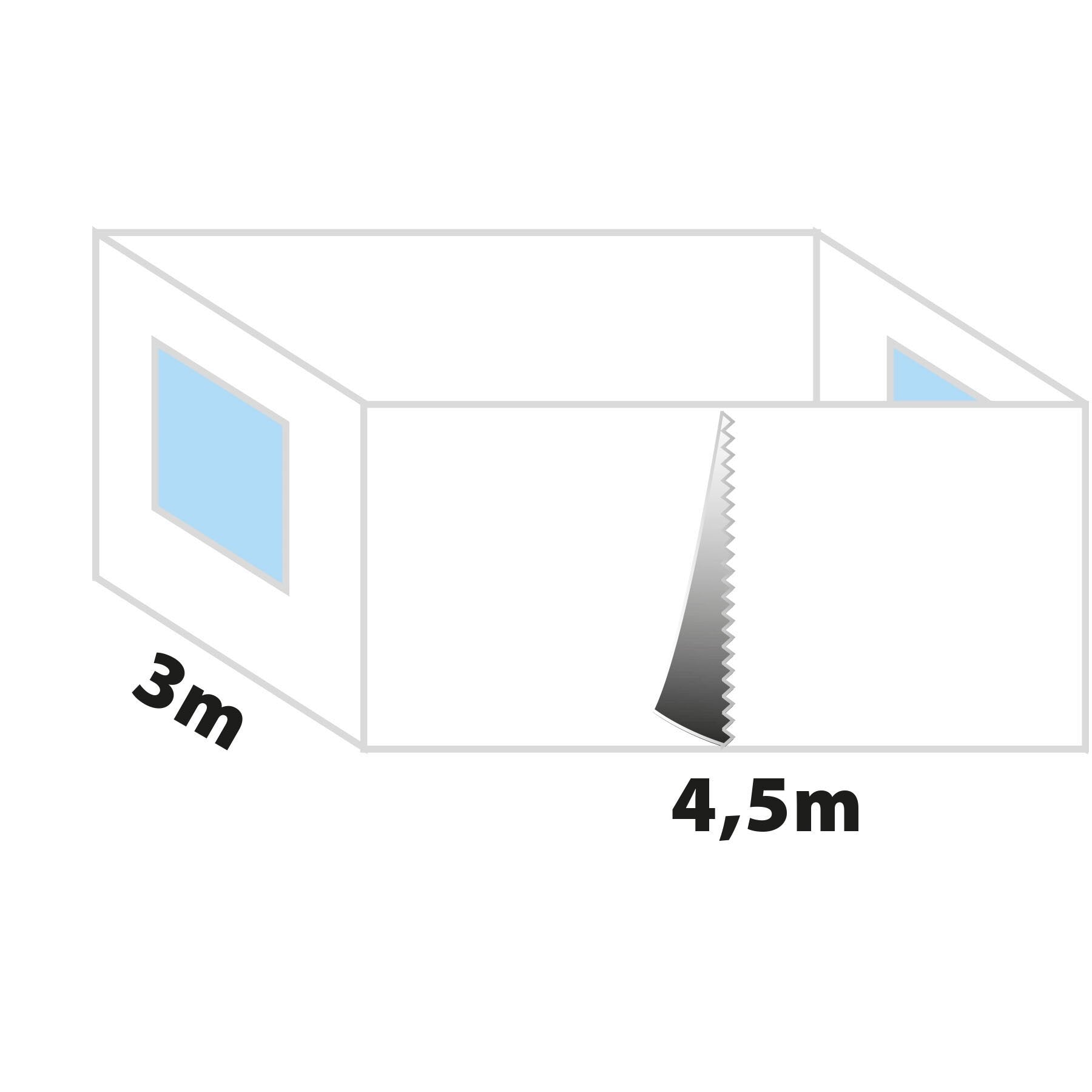 Skizze des Seitenwandsets Zebò Enjoy 2, 450 cm, zeigt zwei Seitenwände mit blauen Fenstern; linke Wand großes Fenster, rechte Wand Dreieckfenster, Maße 3 m Breite und 4,5 m Länge