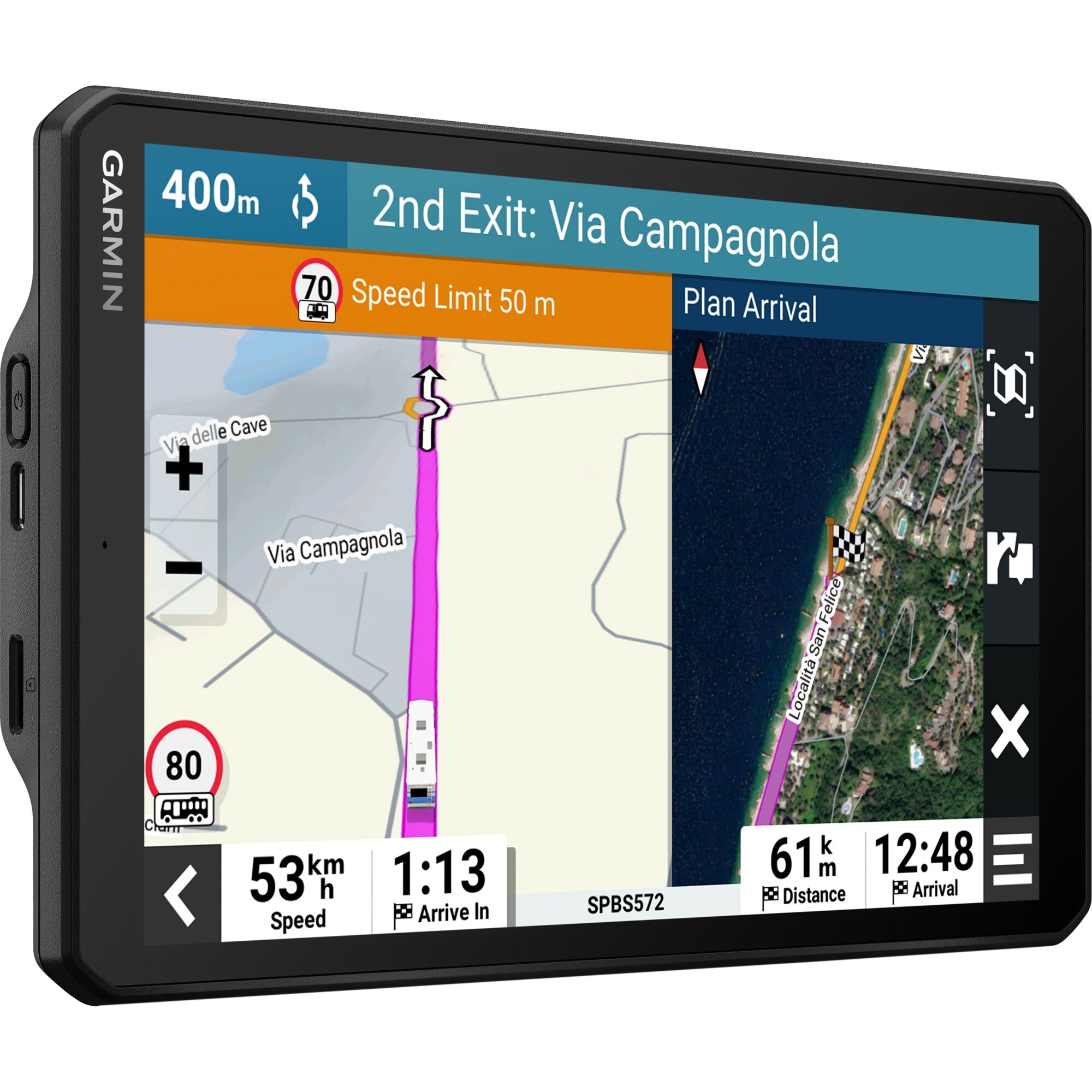Navigationsgerät Garmin Camper 1095 MT-D EU mit schwarzem Rand; Bildschirm zeigt Kartenansicht mit pinker Route und 2nd Exit Via Campagnola